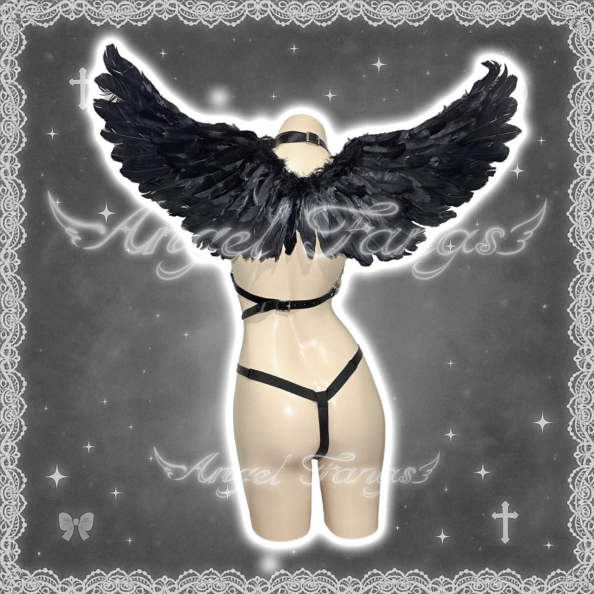 Silver Punk Star Demon Sexy Succubus Set– Chain & Leather Bikini with Feather Wings & Horn Headband