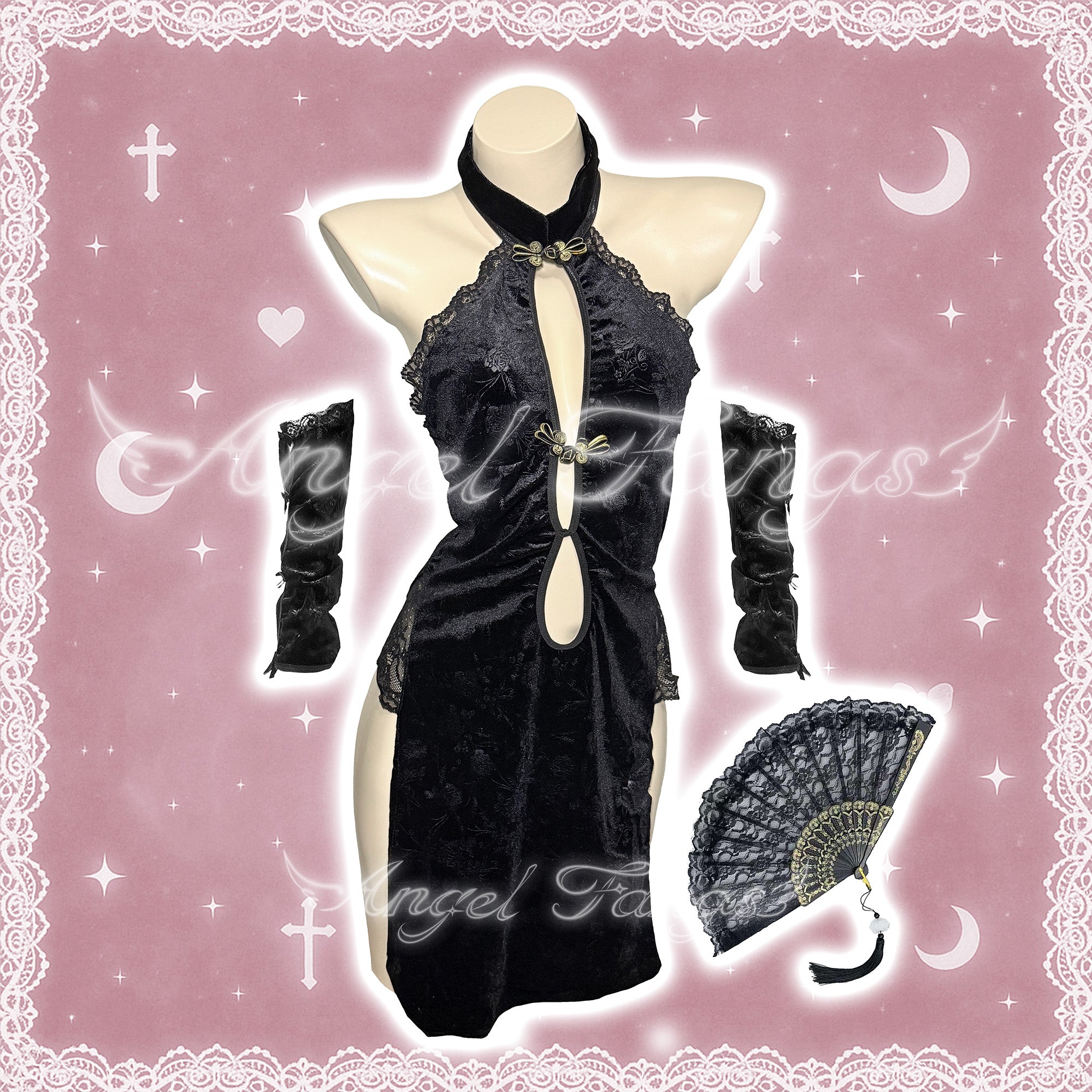 Chinese style Qipao High-Cut Dress High-Cut with Gloves & Black lace fan with gold trim