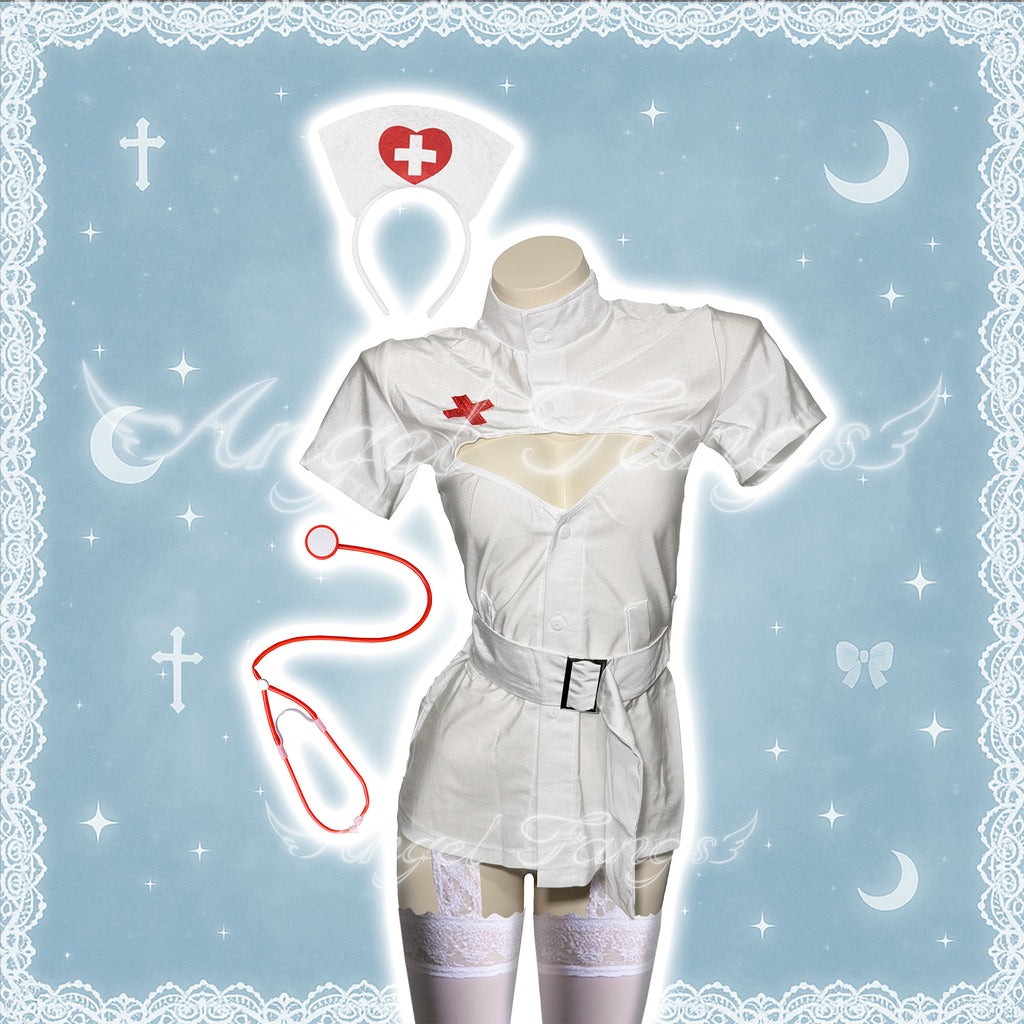 Seductive Nurse Set – White High-Neck Cutout Dress with Cross, Thong, Stockings & Stethoscope
