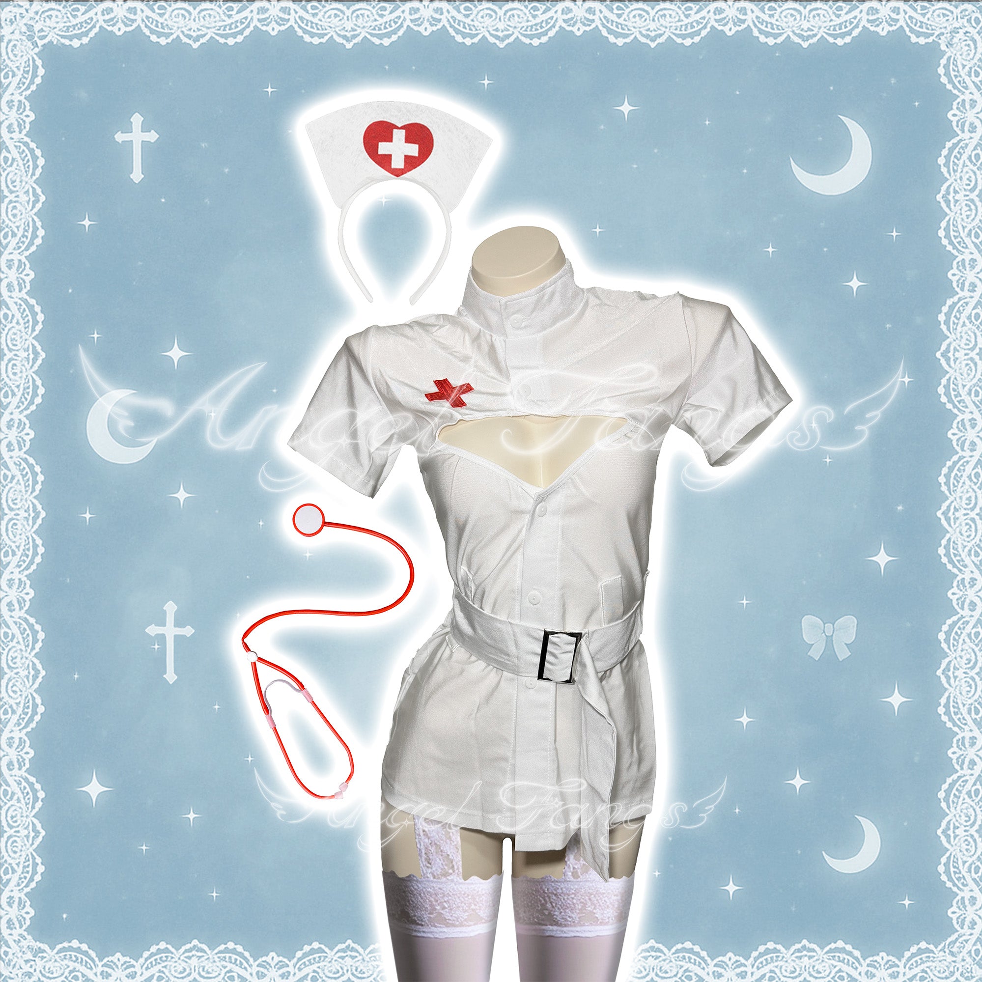 Seductive Nurse Set – White High-Neck Cutout Dress with Cross, Thong, Stockings & Stethoscope