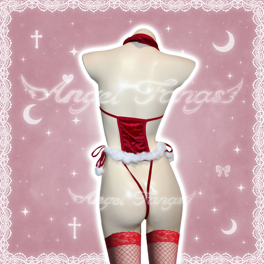 Christmas Santa Babe bikini – Red Furry One-Piece with White Trim, Lace Stockings & Reindeer Ears
