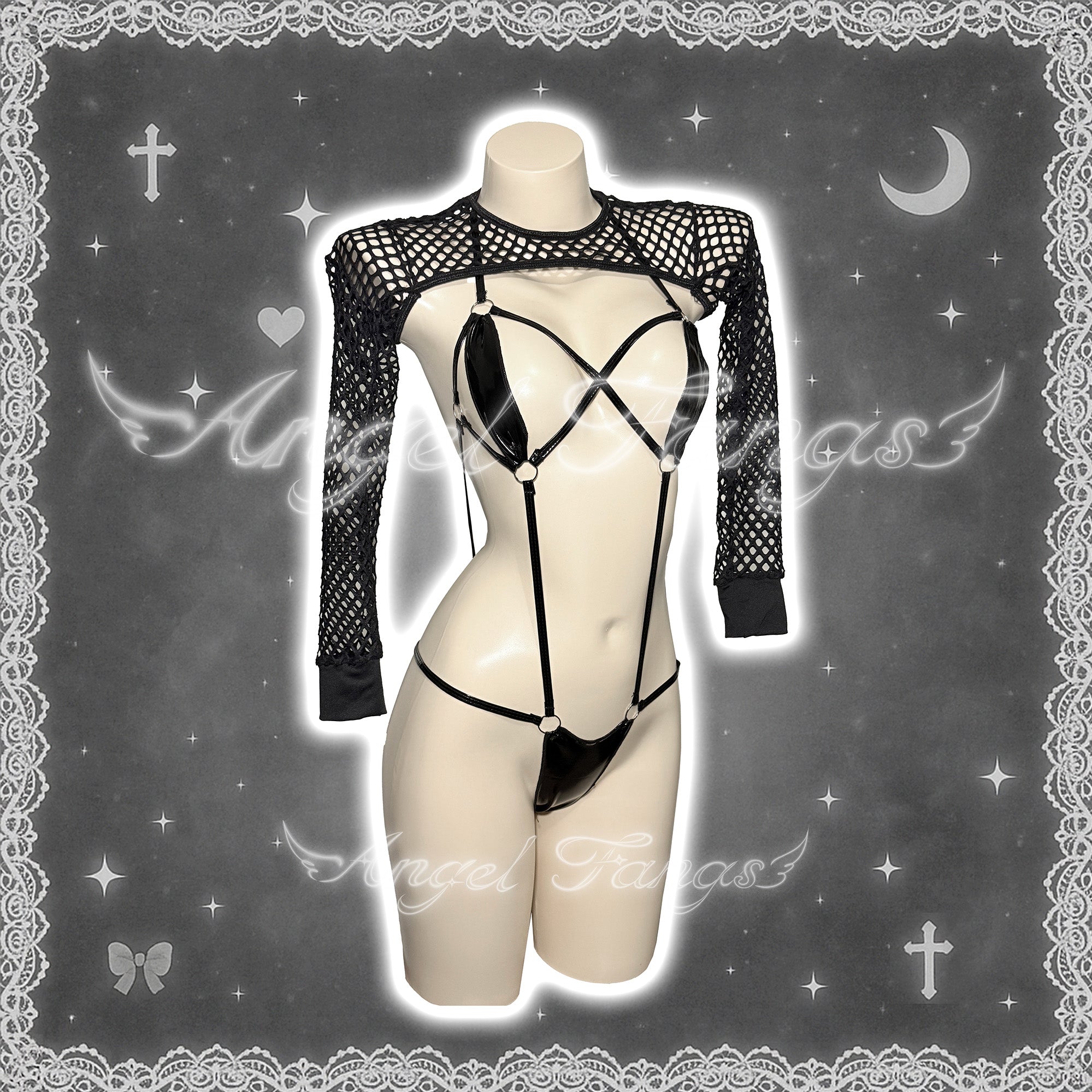 Wild Desire Set– Black Strappy Bikini with Mesh Overlay & Mesh Sleeve Top