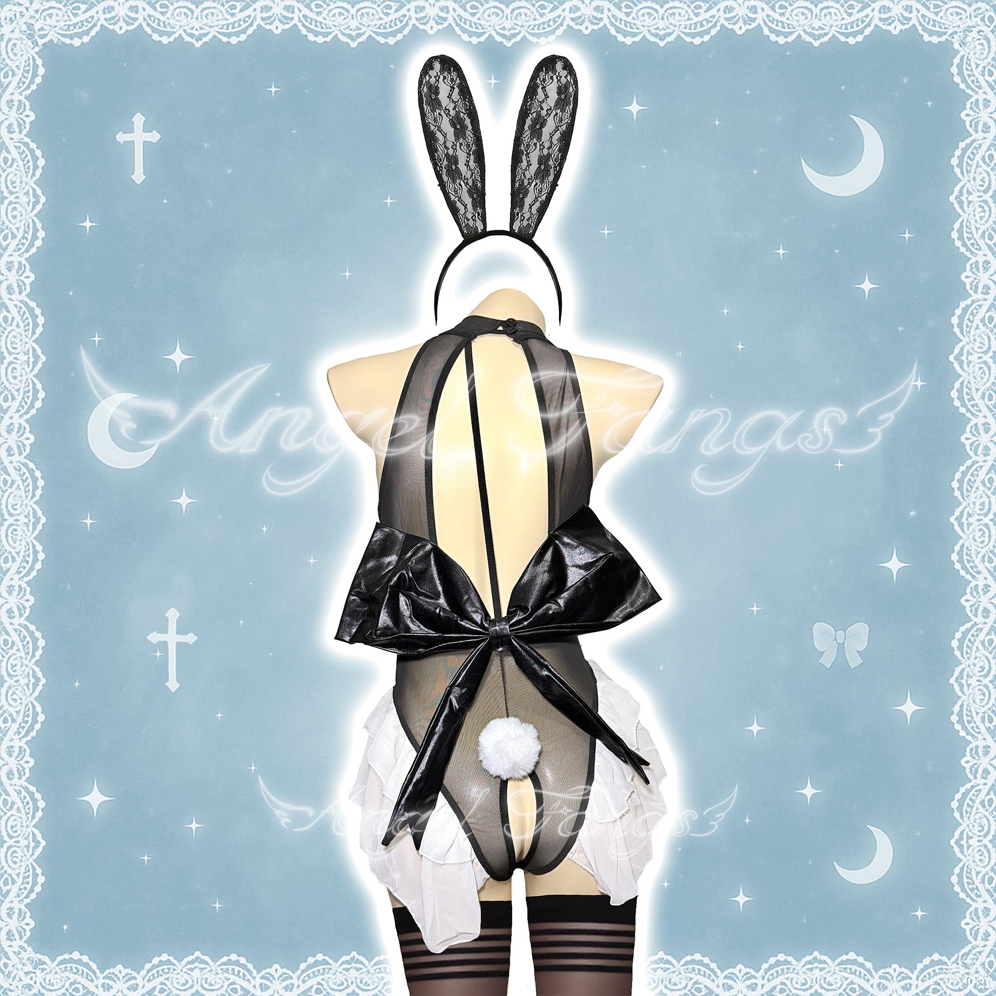 Sexy Leather Bunny Sheer ruffled hem Set – Front Lace-Up & Back Bow with Lace Ears & Thigh-High Stripes