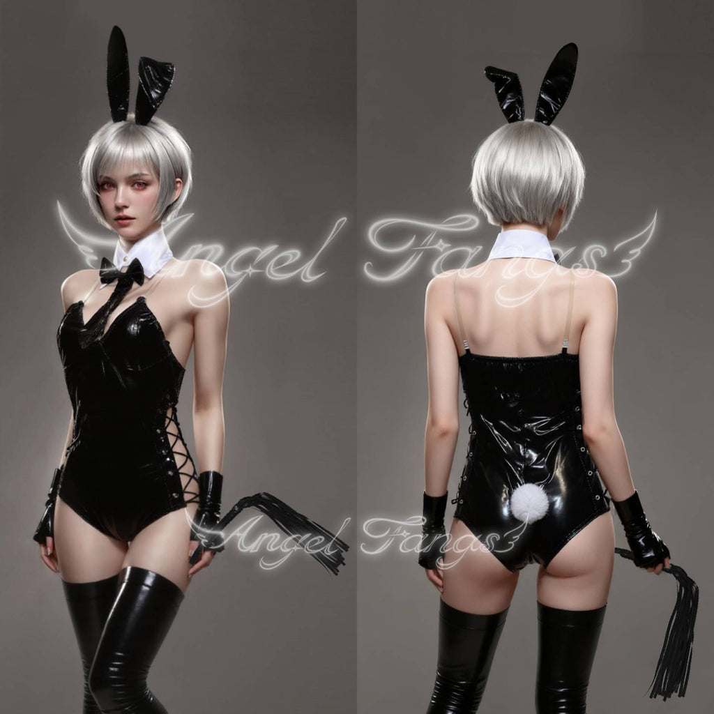 Leather Bunny Seductress – Black High-Cut Lace-Up Bodysuit with Collar, Gloves, Thigh-Highs & Whip