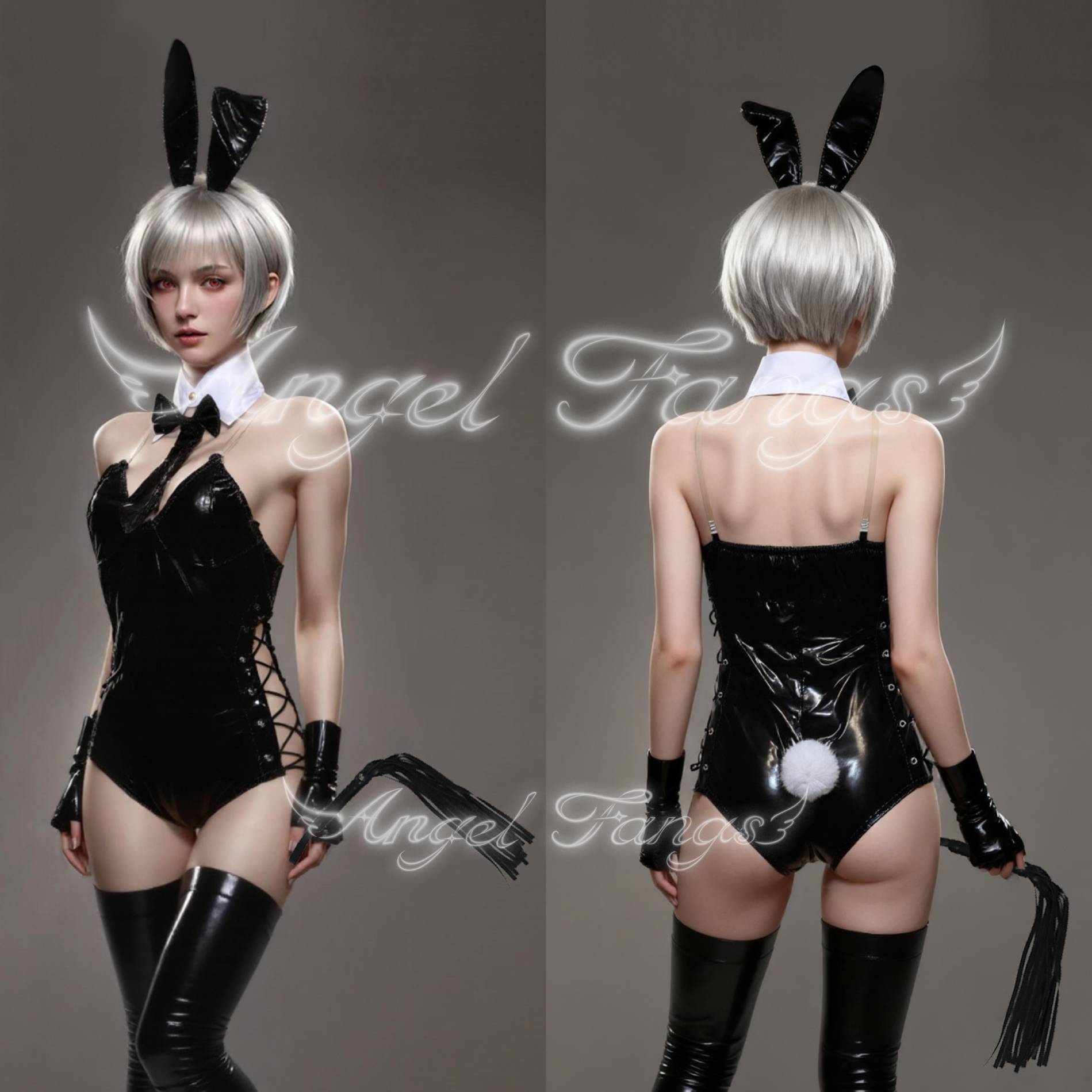 Leather Bunny Seductress – Black High-Cut Lace-Up Bodysuit with Collar, Gloves, Thigh-Highs & Whip