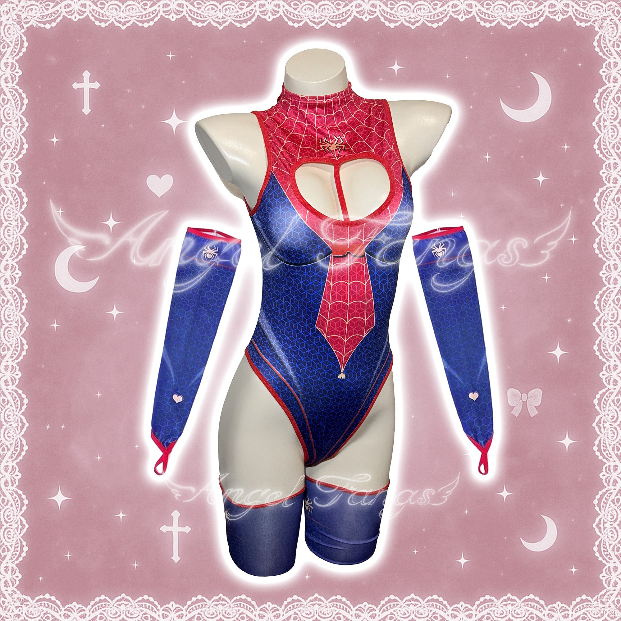 Sexy Spider Seductress Set – Red & Blue High-Neck Cutout Bodysuit with Web Patterns, Gloves & Thigh-Highs