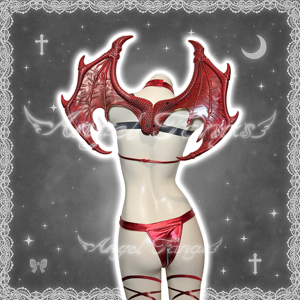 Midnight Black And Red Sexy Demon set – Gothic Choker Bodysuit with Wings, Black Devil Horn Hairband & Lace-up Leg Bands