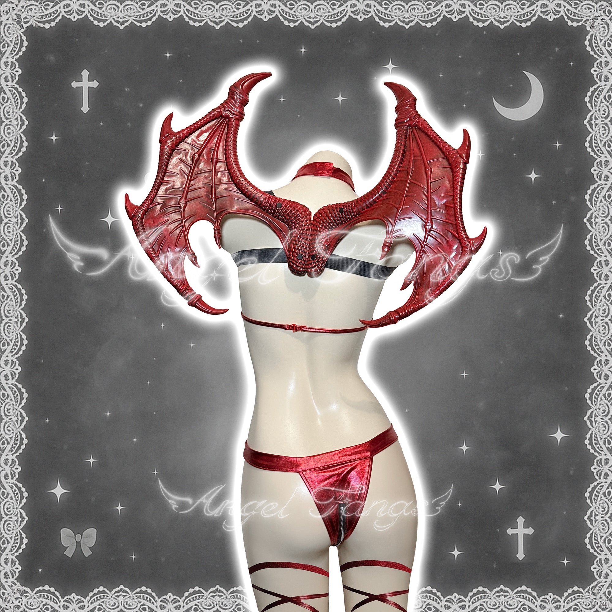 Midnight Black And Red Sexy Demon set – Gothic Choker Bodysuit with Wings, Black Devil Horn Hairband & Lace-up Leg Bands