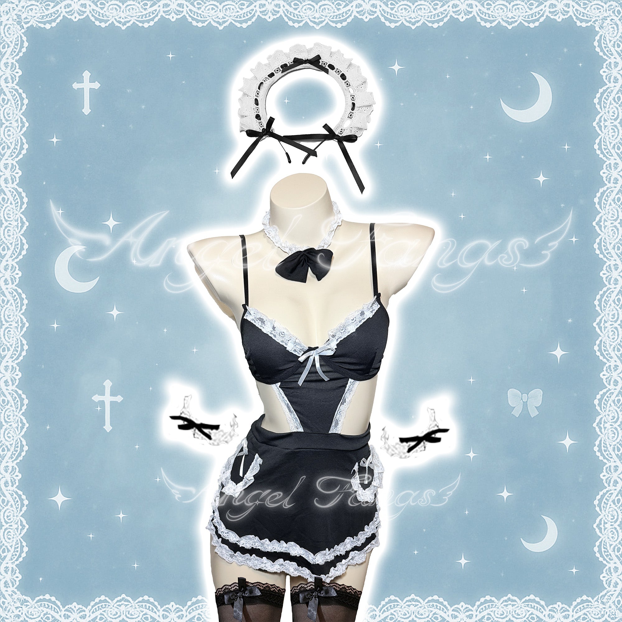 Sweet Bow Maid Set – Black & White Maid Dress with Choker, Wrist Cuffs & Bow Lace Stockings