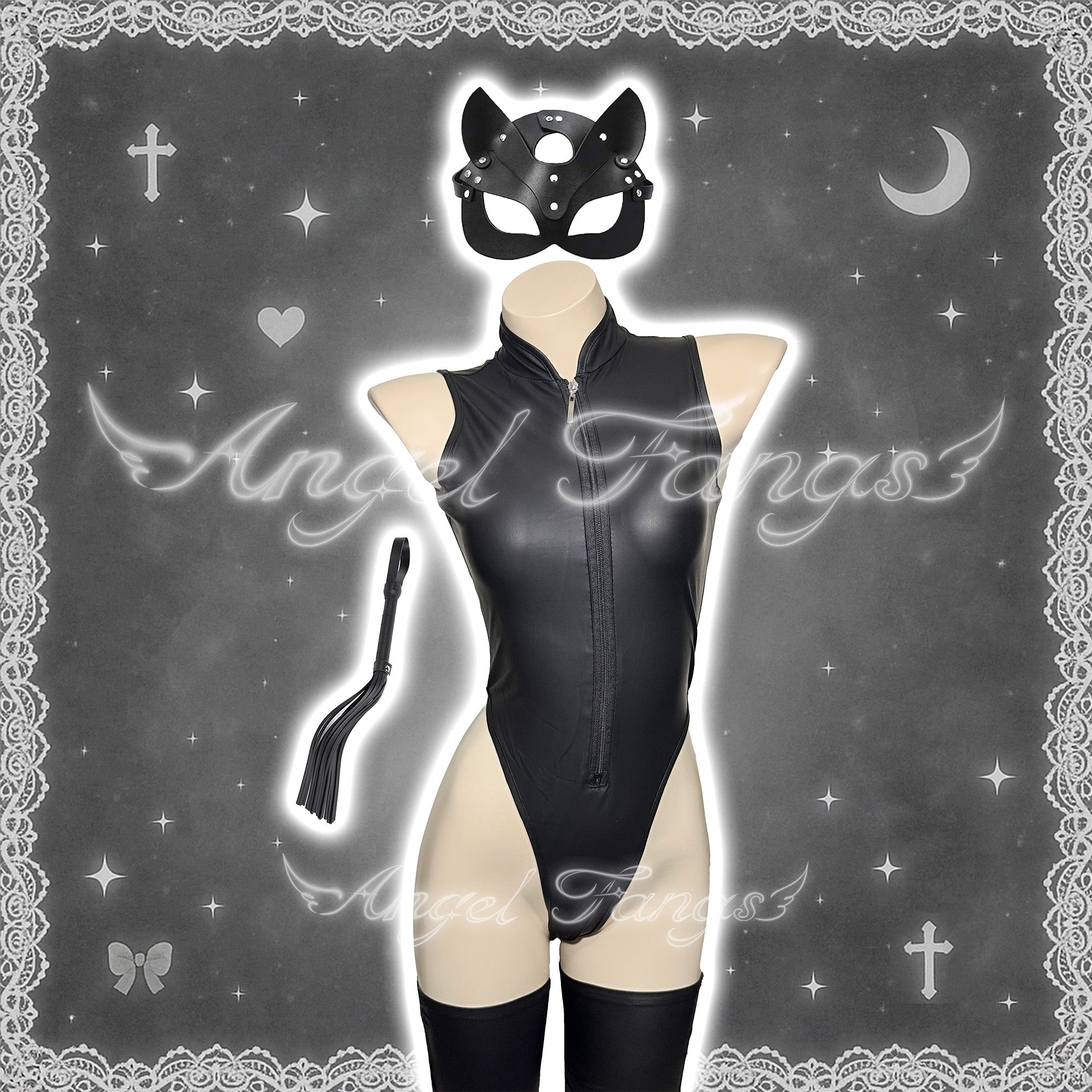Leather Dominant Cat Set – High-Cut Bodysuit with Mask, Whip & Over-the-Knee Stockings