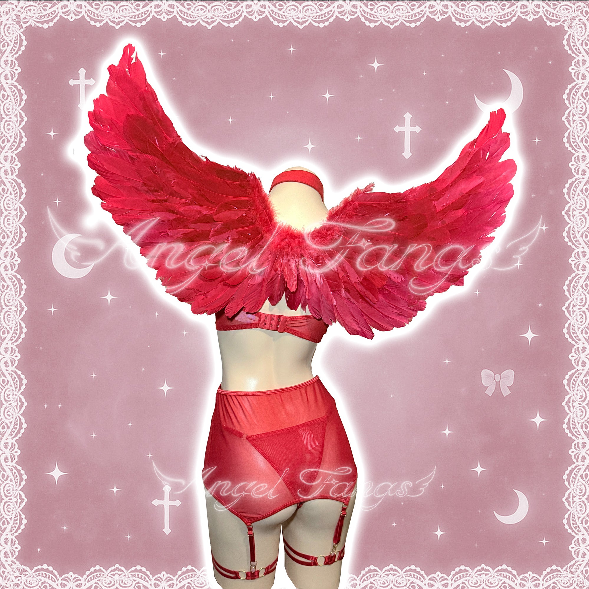 Valentine Sexy Cupid’s Arrow Set – Red Crystal Heart Bra with Gold Chains, Sheer Skirt, Choker, Wings & Bow