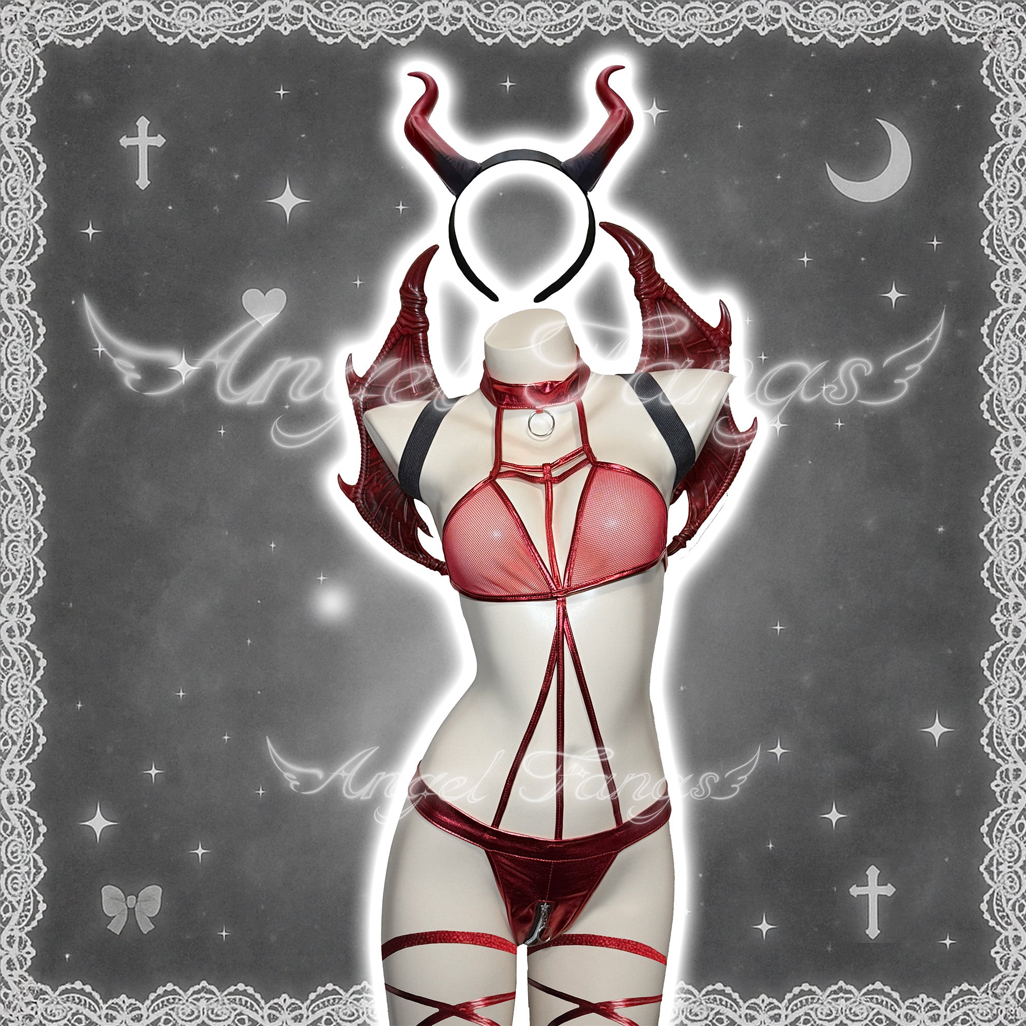 Midnight Black And Red Sexy Demon set – Gothic Choker Bodysuit with Wings, Black Devil Horn Hairband & Lace-up Leg Bands