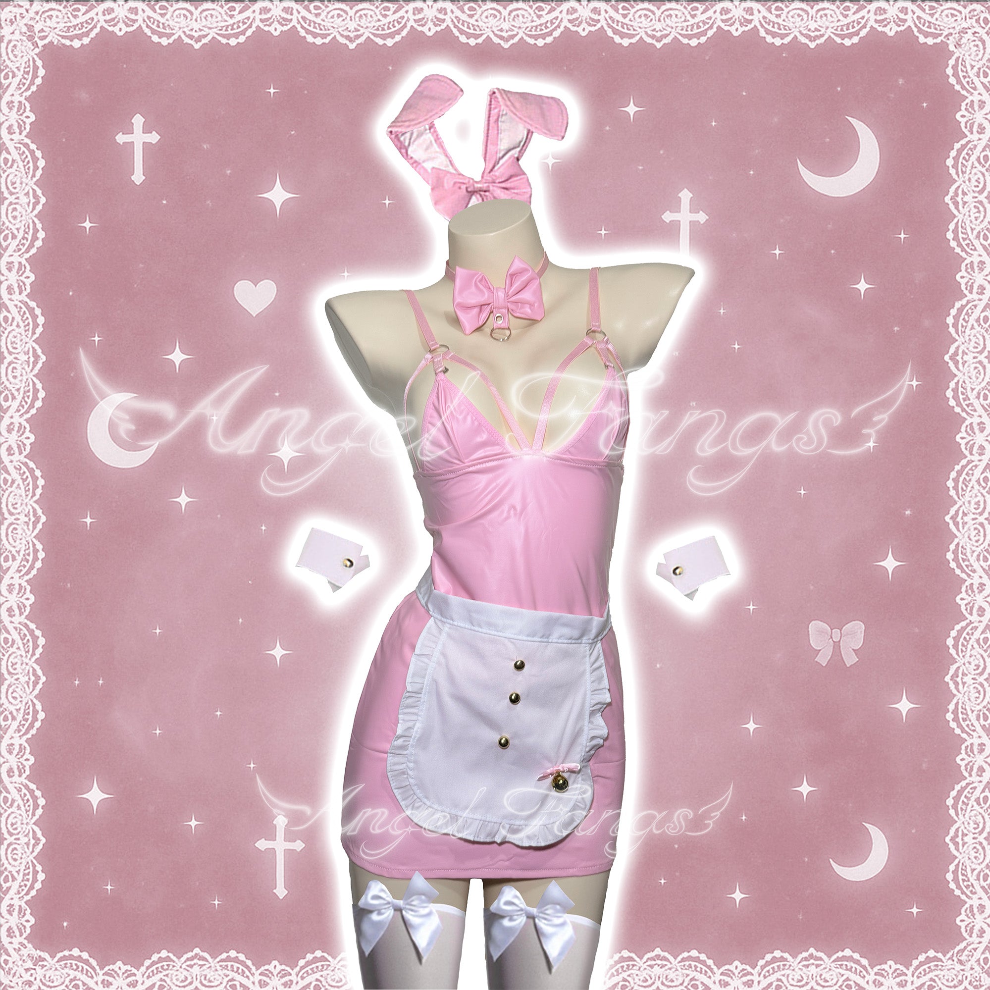 Sweet Pink Bunny Maid – Pink Leather Dress with Apron, Bow Choker, Ears & Lace Stockings