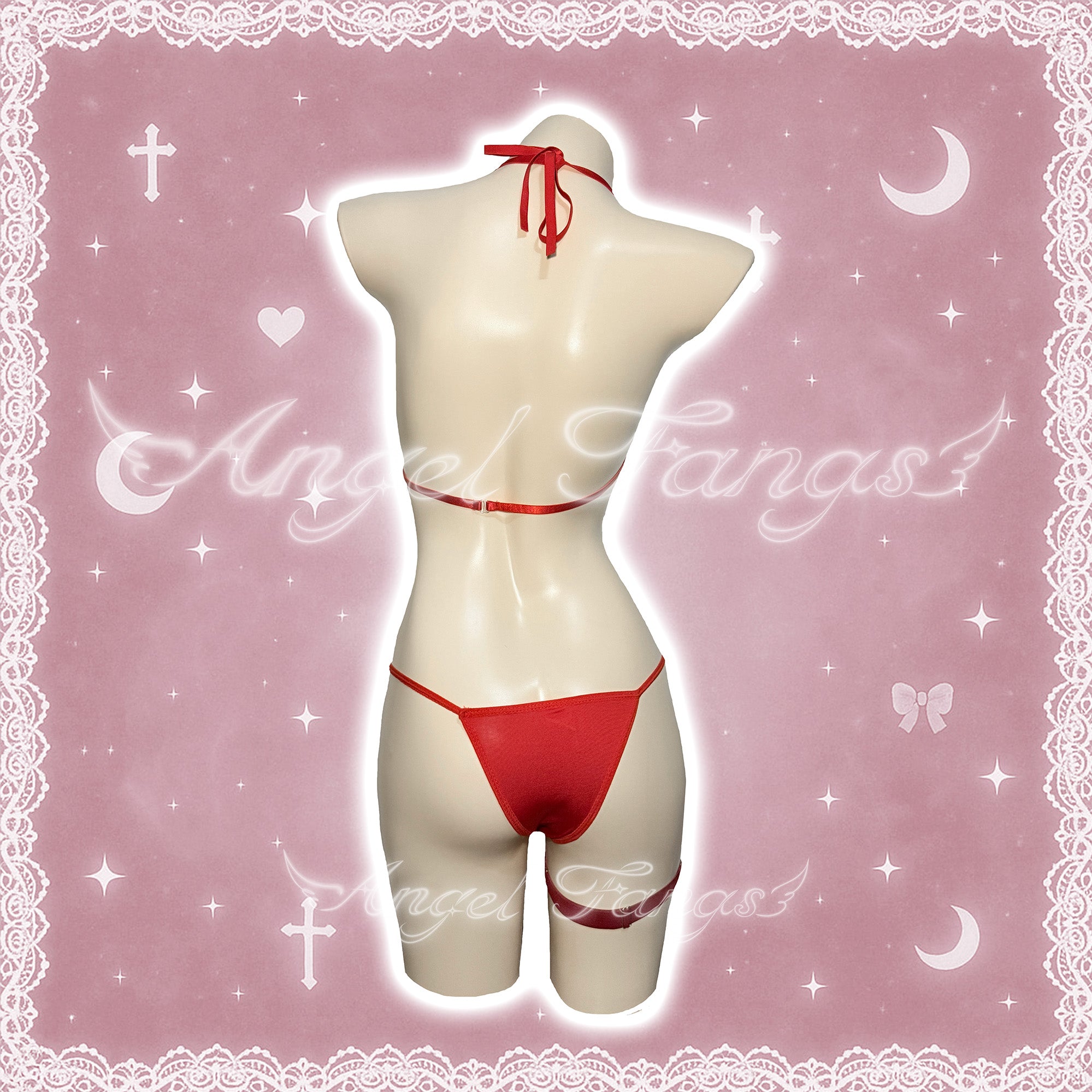 Valentine’s Bow Desire Cute Bikini Set – Red Three-Piece with Heart Paddle & Bell Leg Band