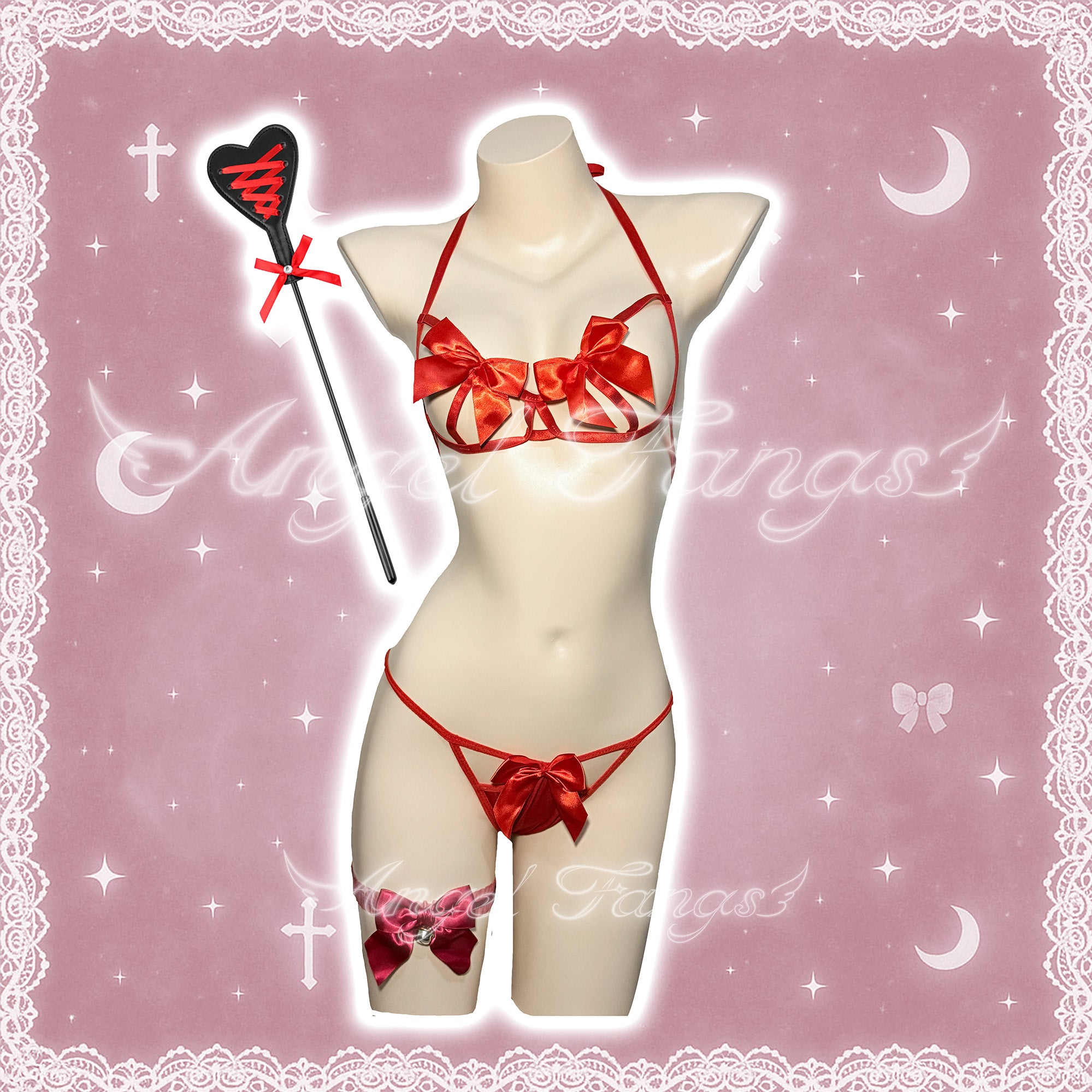 Valentine’s Bow Desire Cute Bikini Set – Red Three-Piece with Heart Paddle & Bell Leg Band