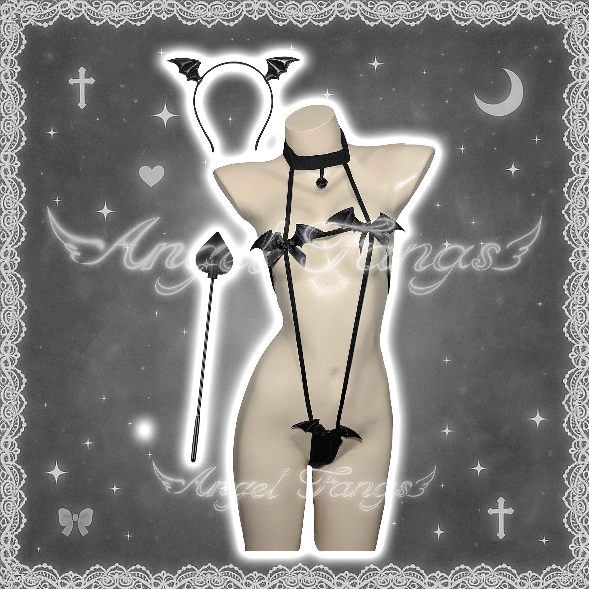 Sexy Little Devil Bat Succubus Set – Black 3-Piece with Bell Choker, Bows, Paddle & Bat Wing Headband
