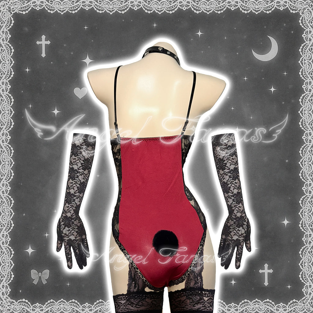 Crimson Bunny Lace-Up Devil Set – Cross Tie Front, Plush Black Tail, Cross Choker, Mesh Gloves & Lace Gartered Thigh-Highs