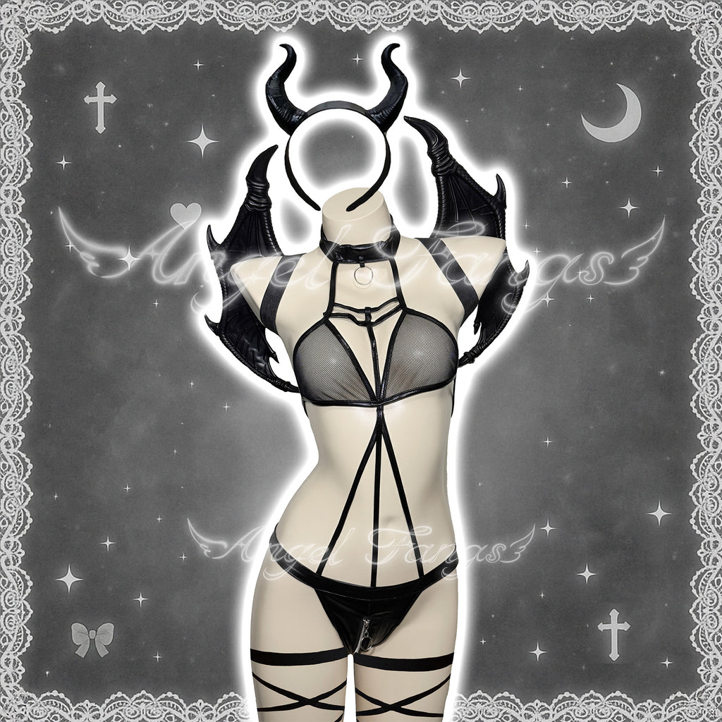 Midnight Black And Red Sexy Demon set – Gothic Choker Bodysuit with Wings, Black Devil Horn Hairband & Lace-up Leg Bands