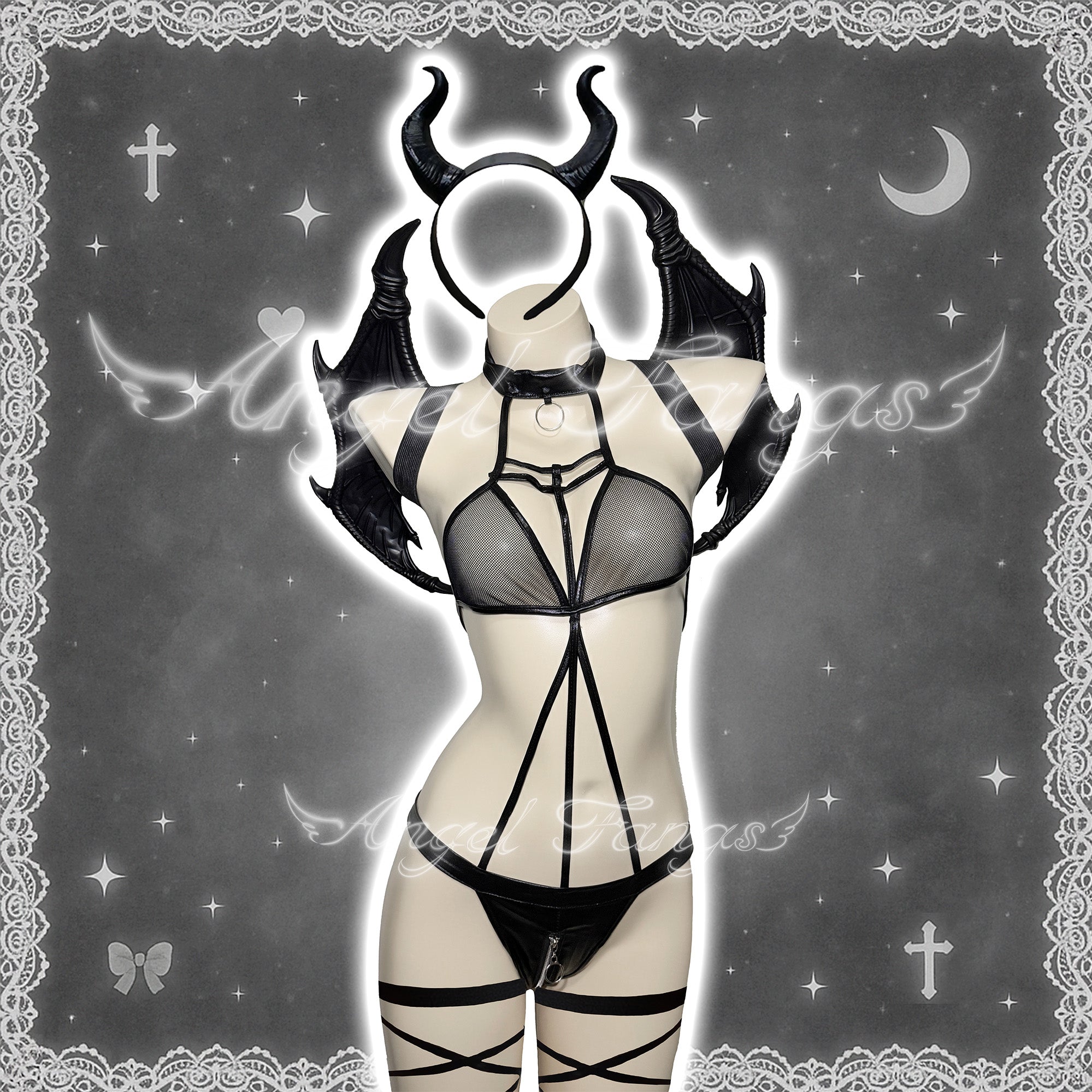 Midnight Black And Red Sexy Demon set – Gothic Choker Bodysuit with Wings, Black Devil Horn Hairband & Lace-up Leg Bands