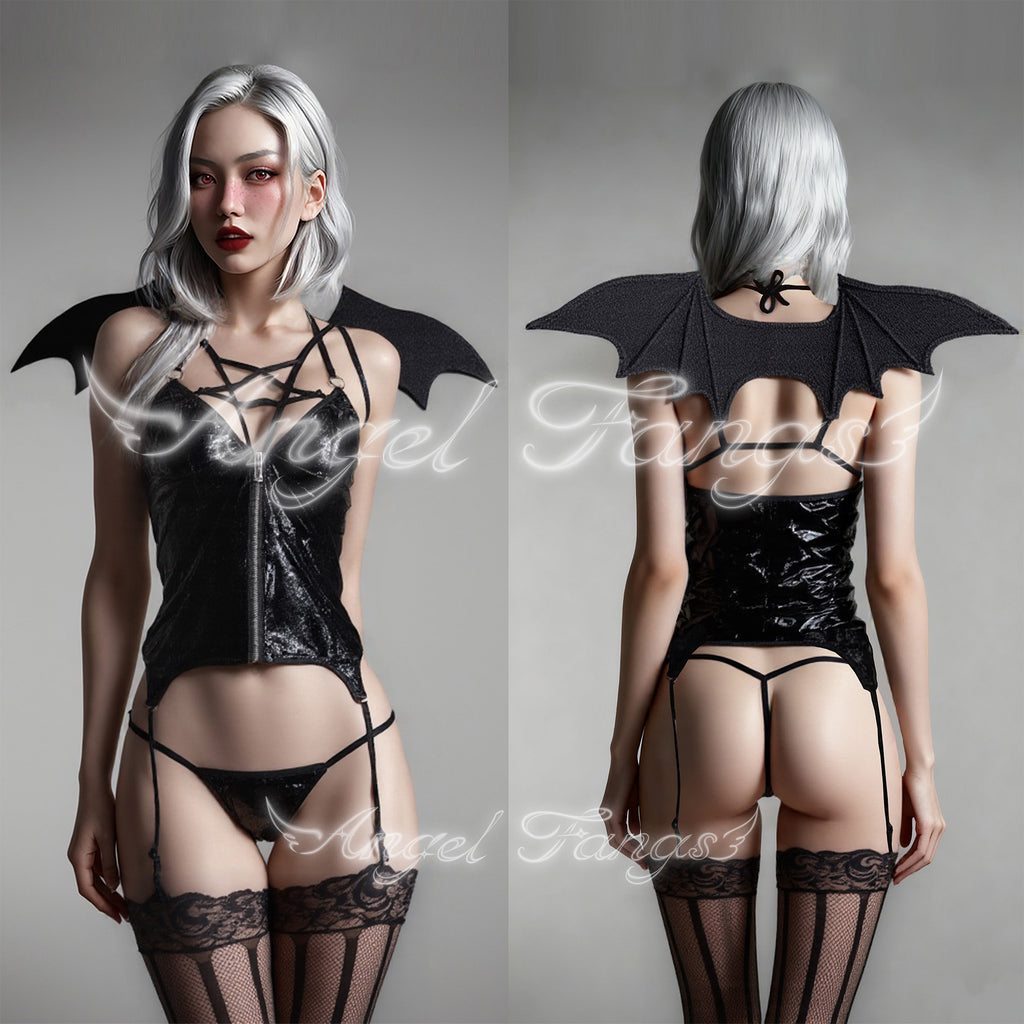 Demonic Dark Succubus Pentagram Desire Set– Leather Zipper Top with Pentagram Chest Strap, Garter Thong & Demon Wings