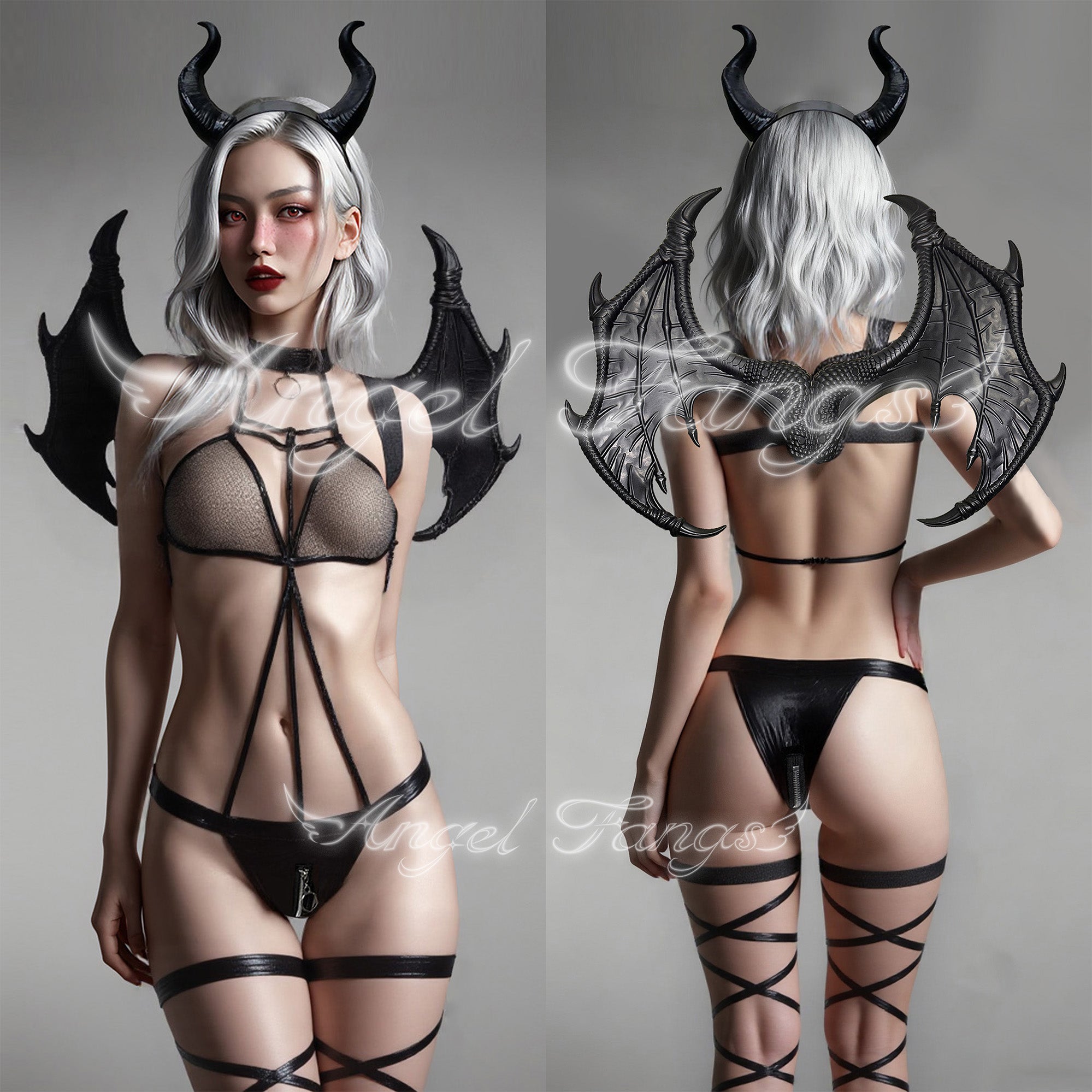 Midnight Black And Red Sexy Demon set – Gothic Choker Bodysuit with Wings, Black Devil Horn Hairband & Lace-up Leg Bands