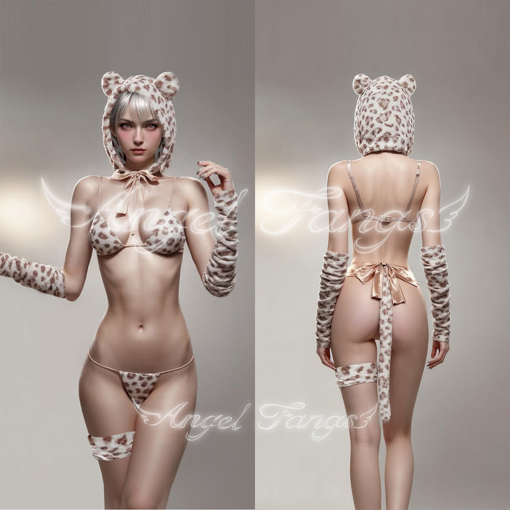 Furry Leopard 3-Piece Cute Lingerie with Cat Ear Hat, Gloves & Leg Bands