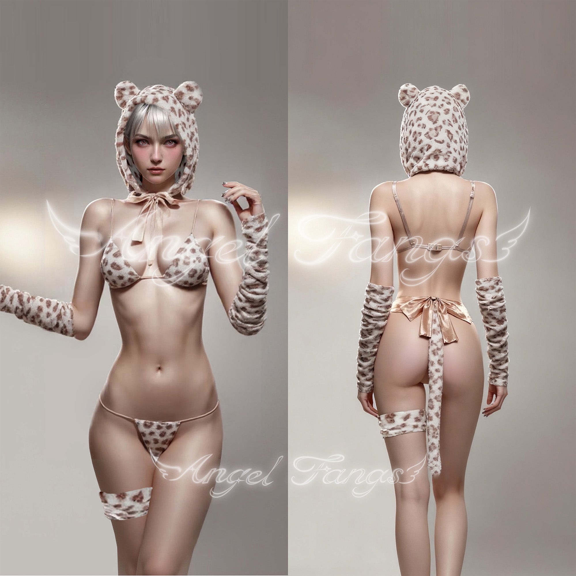 Furry Leopard 3-Piece Cute Lingerie with Cat Ear Hat, Gloves & Leg Bands