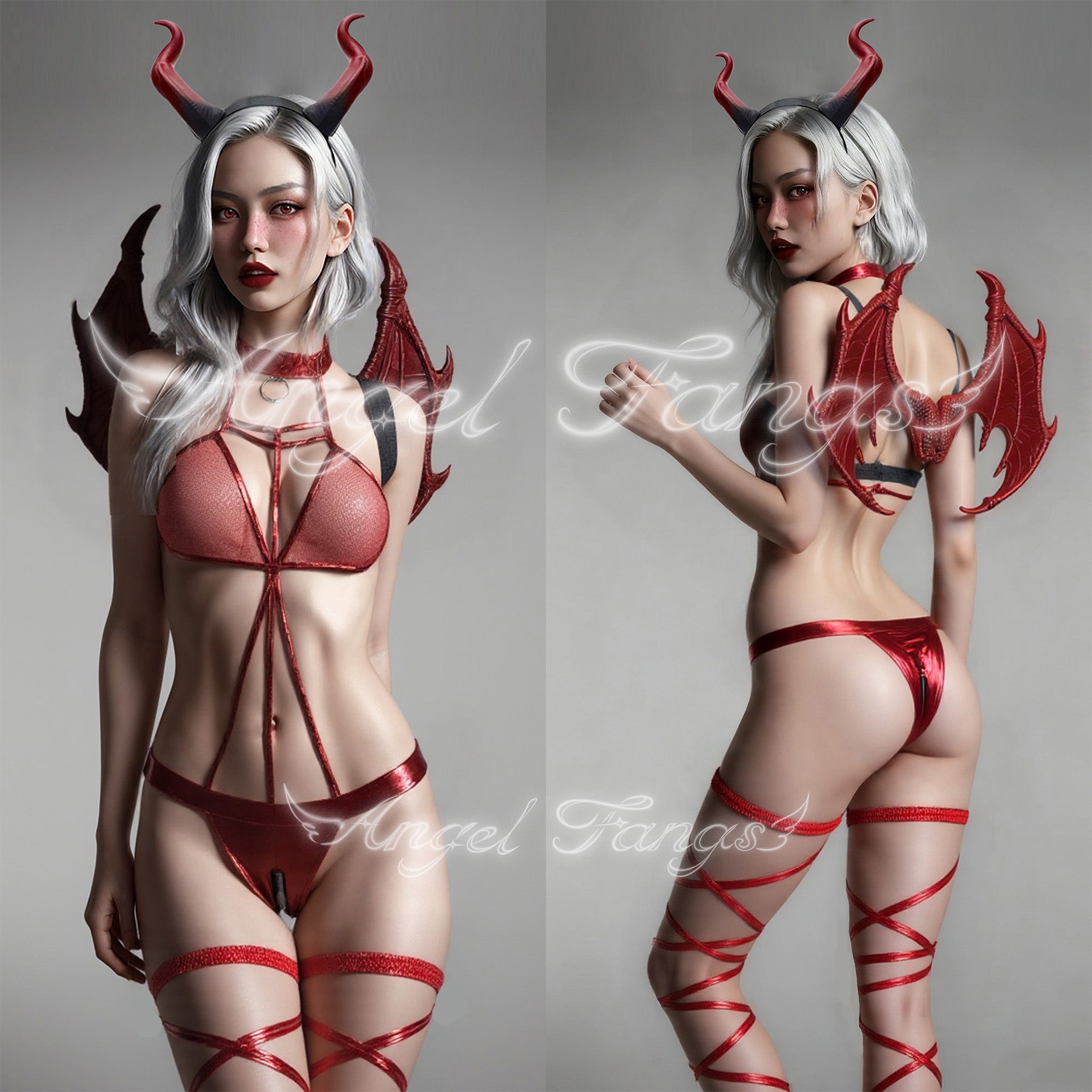 Midnight Black And Red Sexy Demon set – Gothic Choker Bodysuit with Wings, Black Devil Horn Hairband & Lace-up Leg Bands