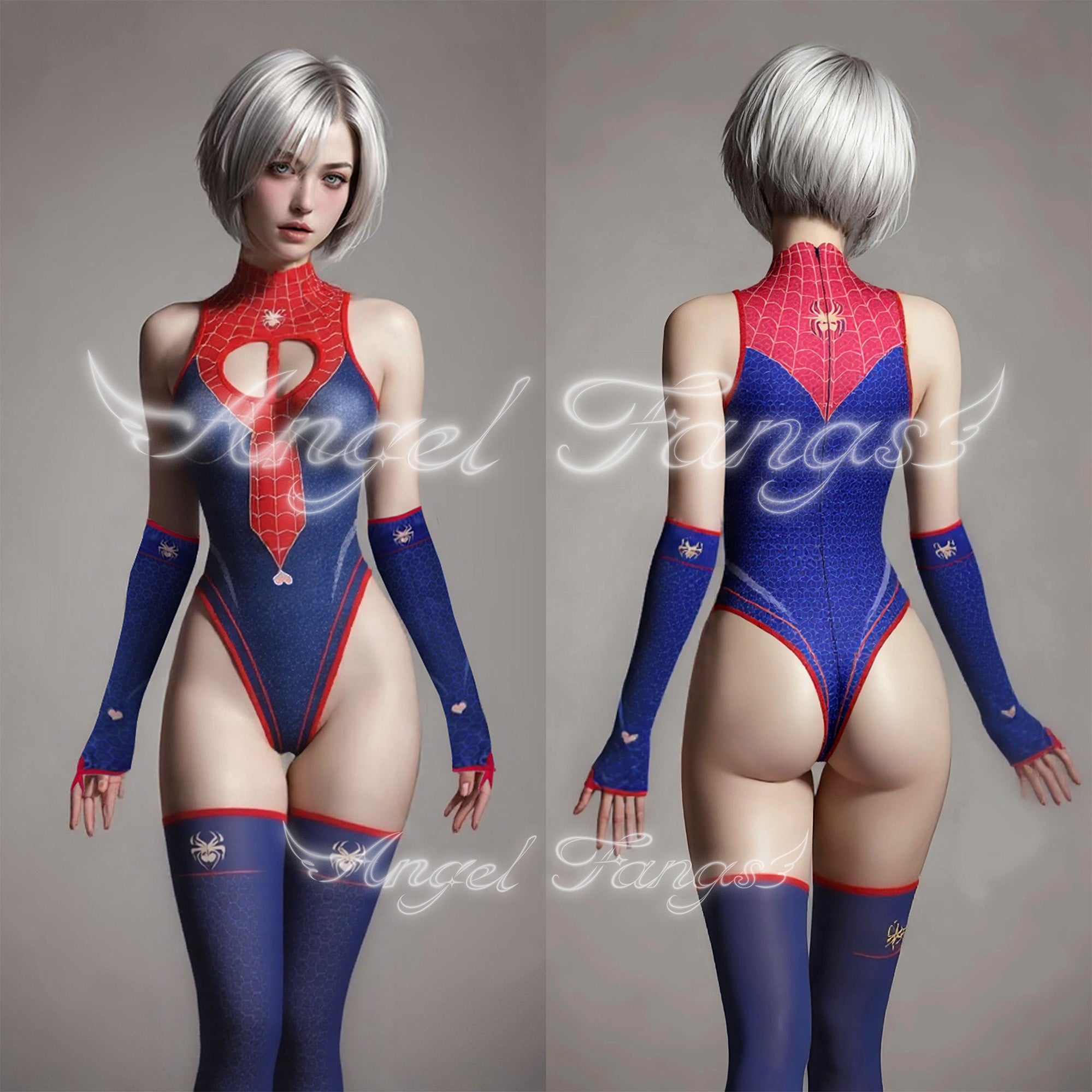 Sexy Spider Seductress Set – Red & Blue High-Neck Cutout Bodysuit with Web Patterns, Gloves & Thigh-Highs