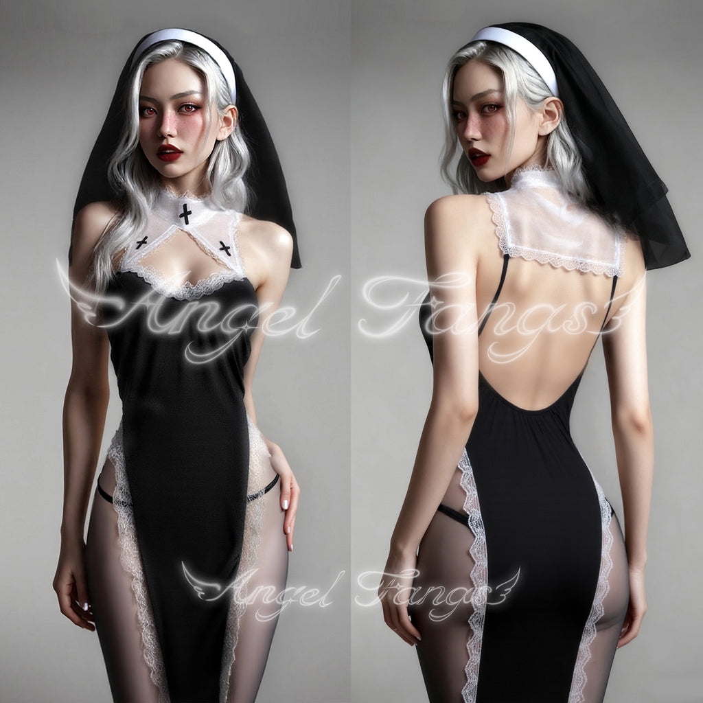 Sinful Sister Sexy Nun Set – Black Halter Slit Gown with Cross, Lace, Veil & Sheer Full-Body Stockings
