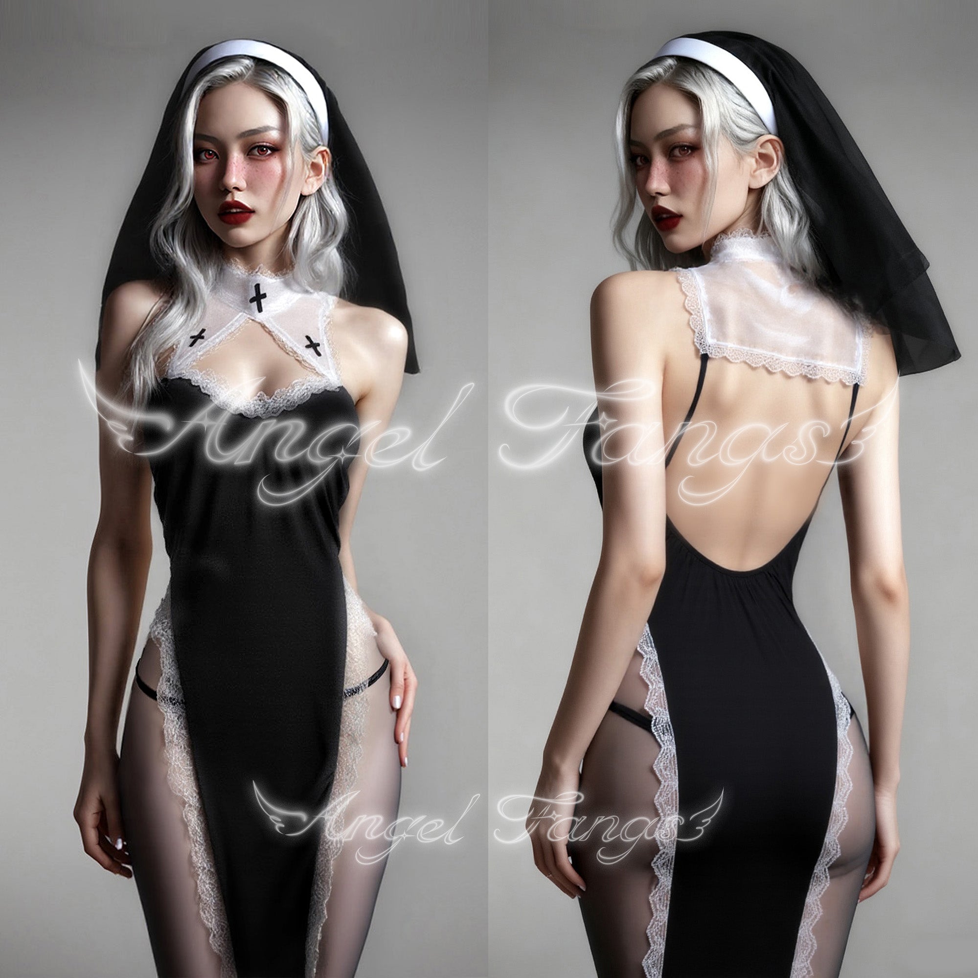 Sinful Sister Sexy Nun Set – Black Halter Slit Gown with Cross, Lace, Veil & Sheer Full-Body Stockings