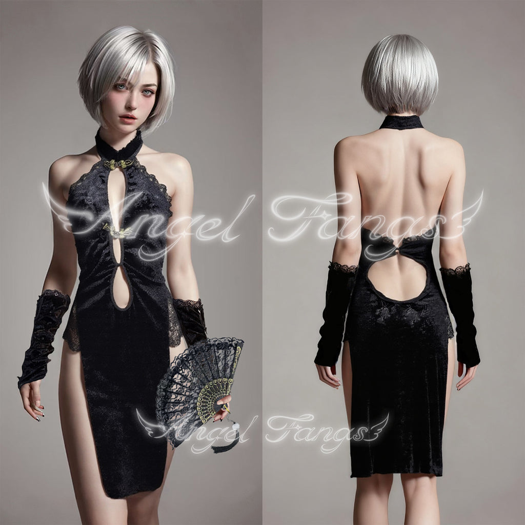 Chinese style Qipao High-Cut Dress High-Cut with Gloves & Black lace fan with gold trim