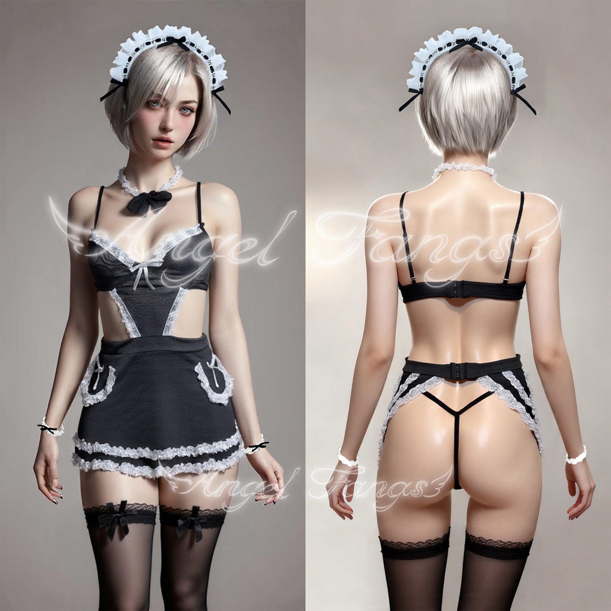Sweet Bow Maid Set – Black & White Maid Dress with Choker, Wrist Cuffs & Bow Lace Stockings