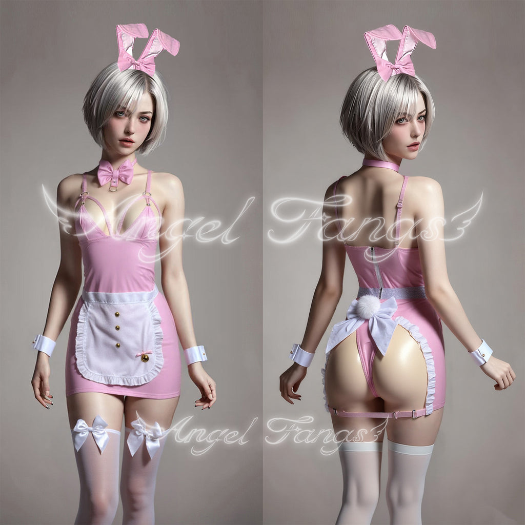 Sweet Pink Bunny Maid – Pink Leather Dress with Apron, Bow Choker, Ears & Lace Stockings