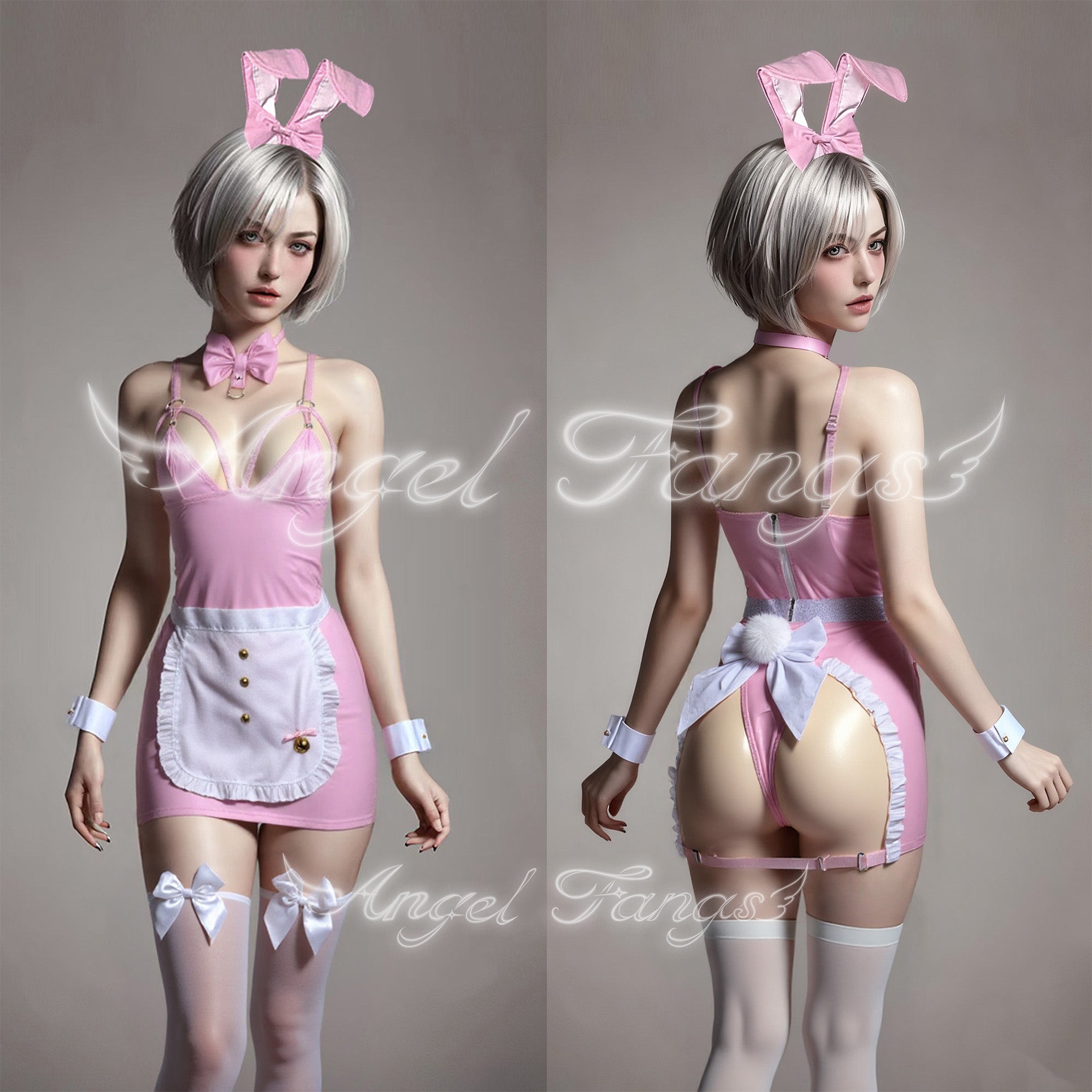 Sweet Pink Bunny Maid – Pink Leather Dress with Apron, Bow Choker, Ears & Lace Stockings