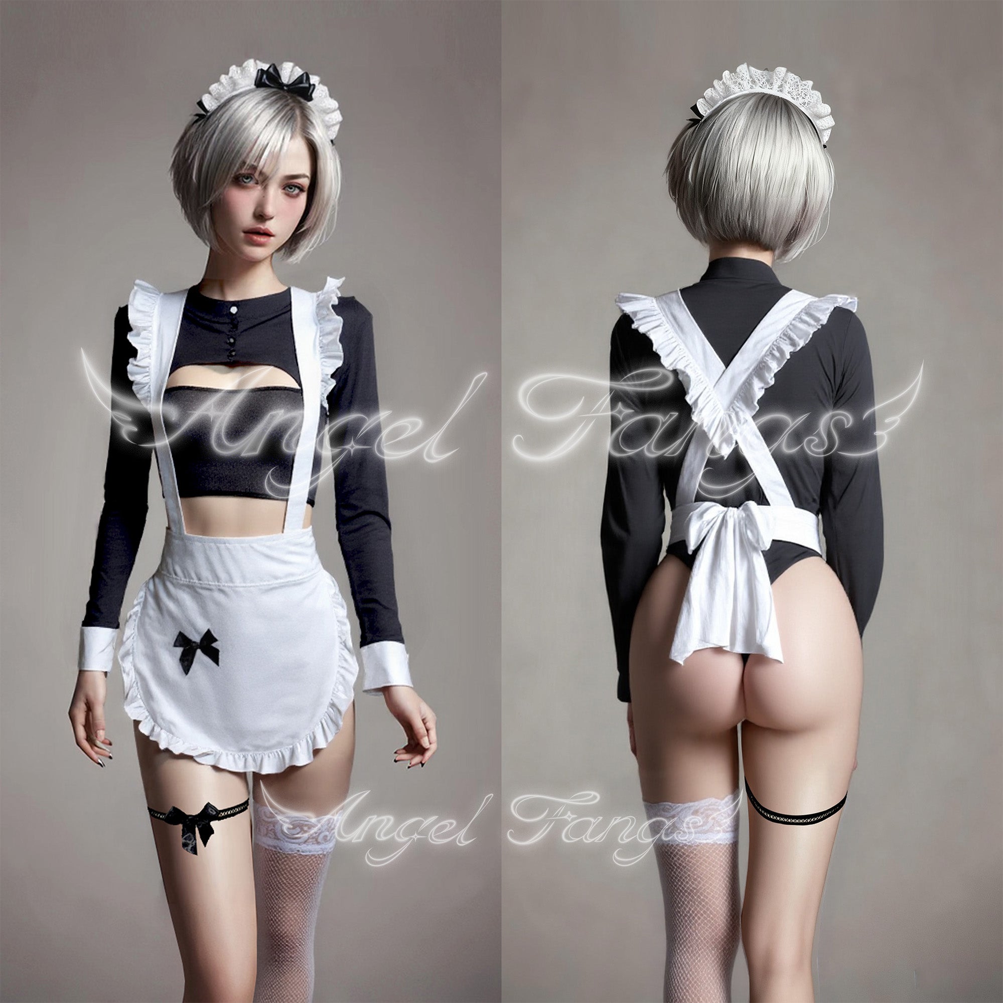Seductive Maid Bodysuit Set with White Fishnet Stockings, Bow Leg Garters & Lace Headband