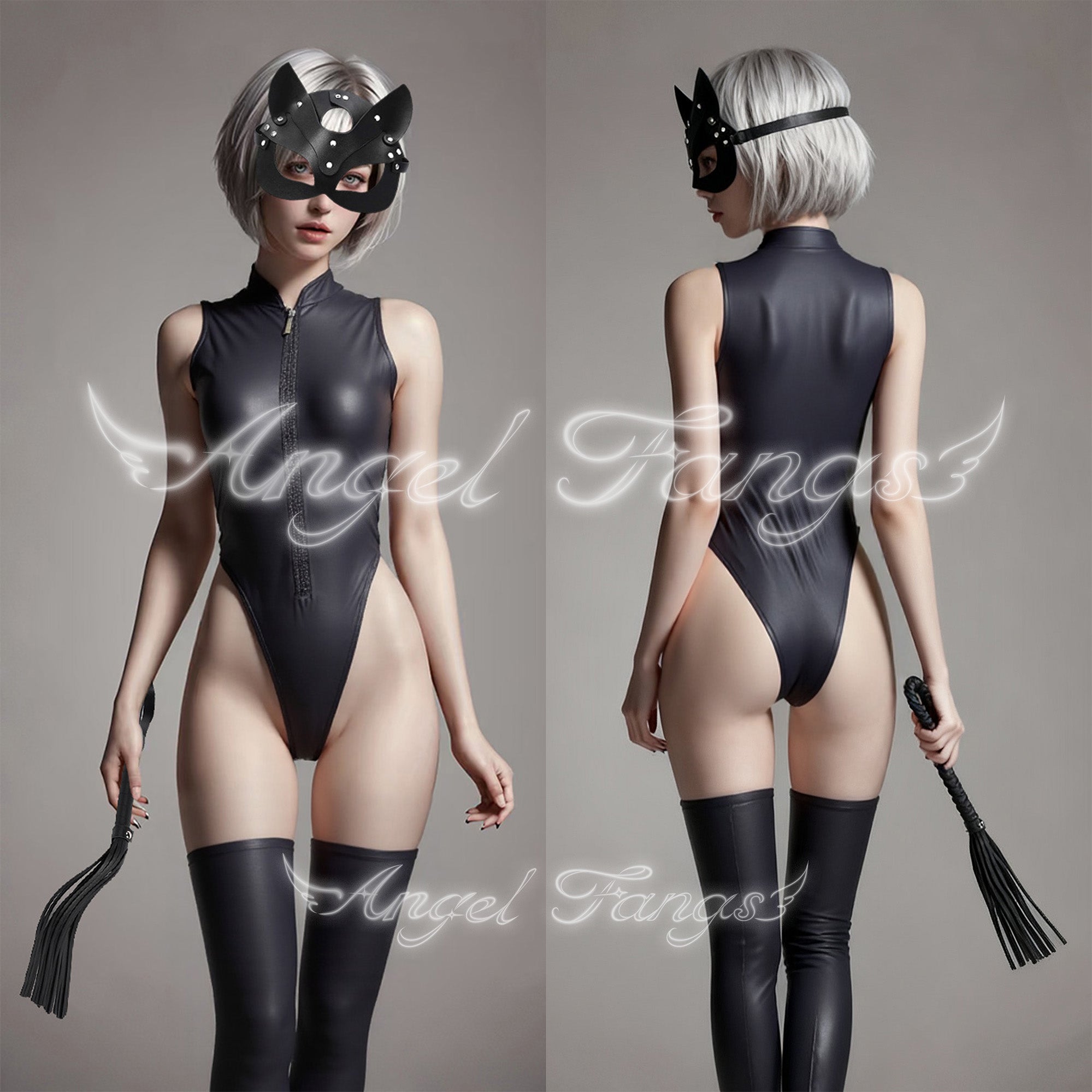 Leather Dominant Cat Set – High-Cut Bodysuit with Mask, Whip & Over-the-Knee Stockings