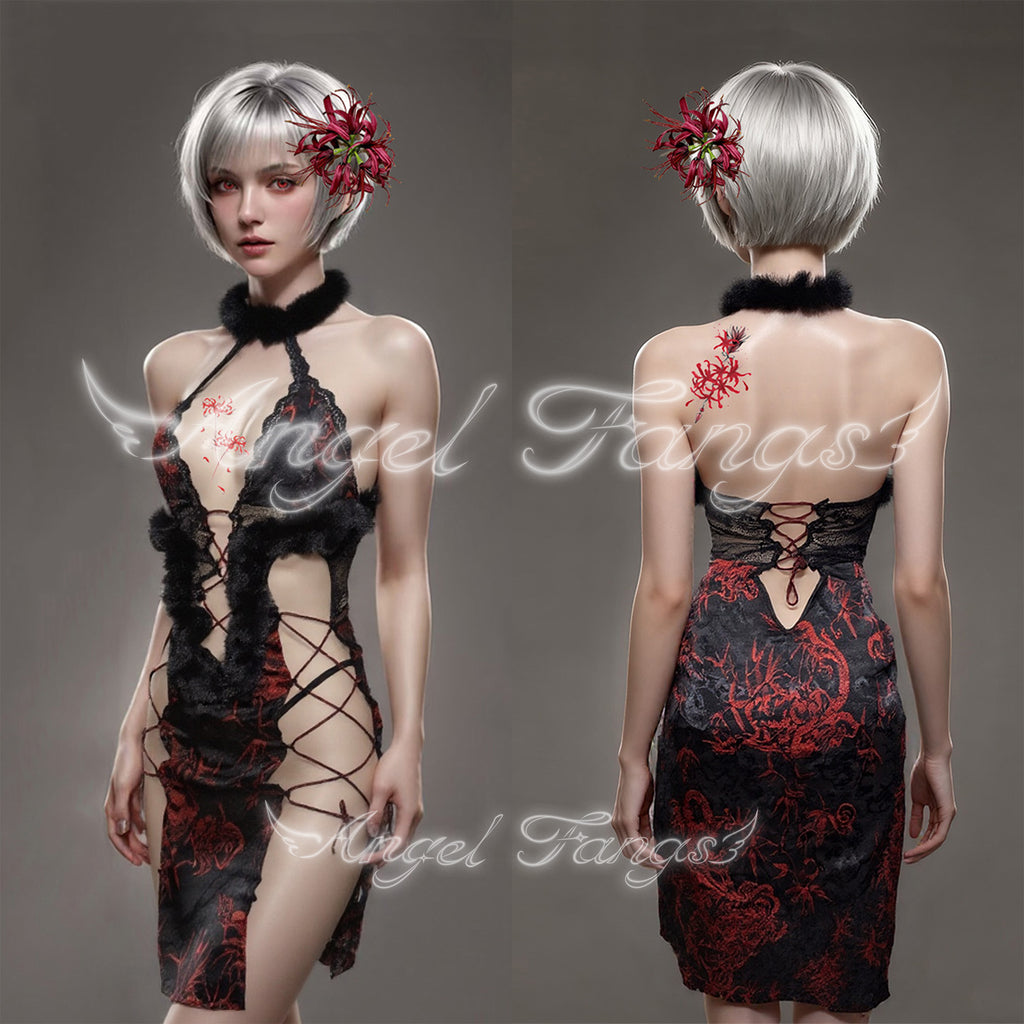 Oriental Dragon Lotus Enchantress – Halter Slit Dress with Fur Trim, Red Spider Lily Clip & Bonus Tattoo Sticker