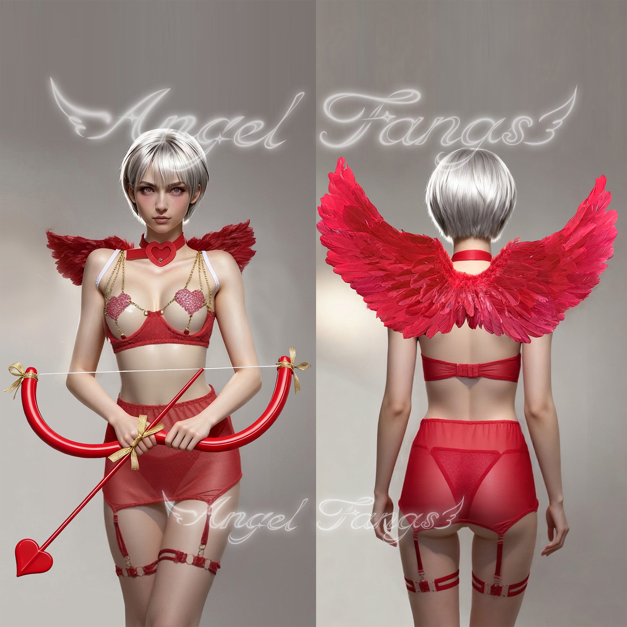 Valentine Sexy Cupid’s Arrow Set – Red Crystal Heart Bra with Gold Chains, Sheer Skirt, Choker, Wings & Bow