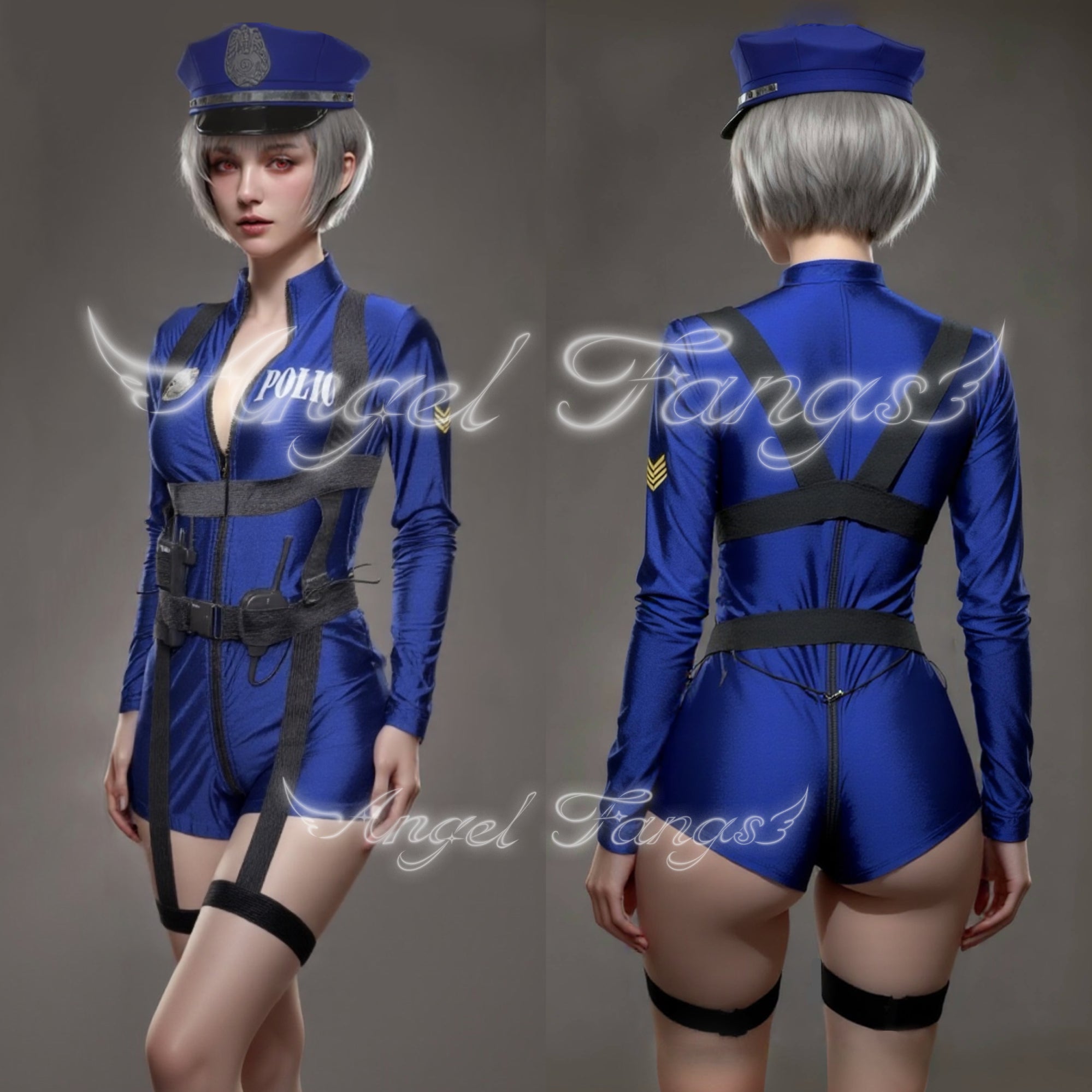Sexy Blue Cop Cosplay Set– Cobalt Blue Long-Sleeve Mini Police Bodysuit with Badge, Radio, Hat & Black Body Strap with Thigh Rings