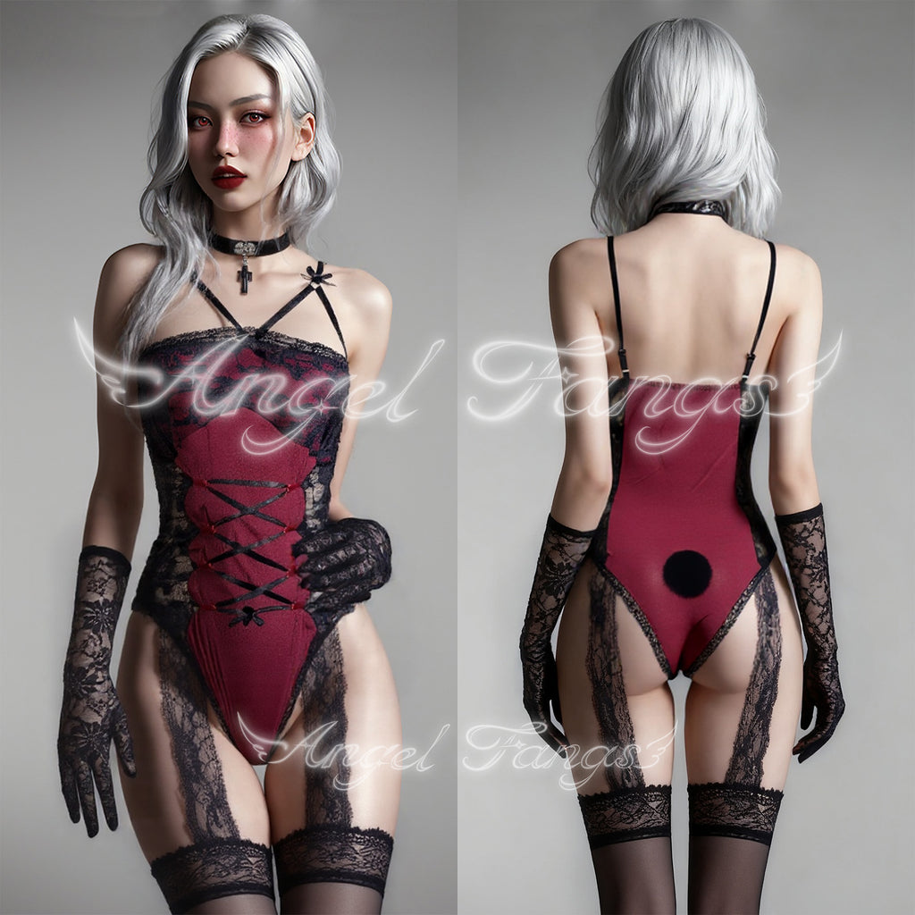 Crimson Bunny Lace-Up Devil Set – Cross Tie Front, Plush Black Tail, Cross Choker, Mesh Gloves & Lace Gartered Thigh-Highs