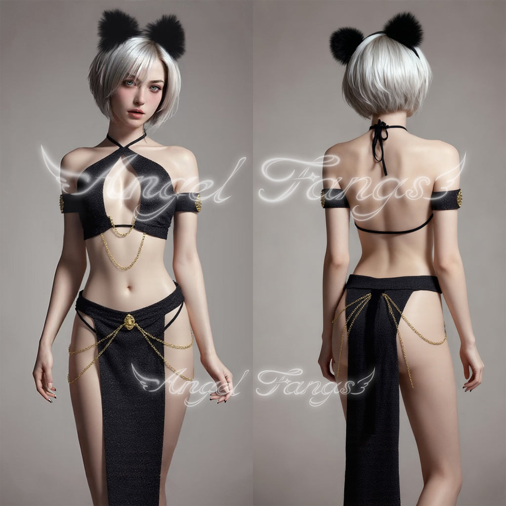 Mystic Feline Cat Queen Set– Cutout Halter Slit Dress with Arm Bands, Cat Tail, Black Ears & Golden Accents