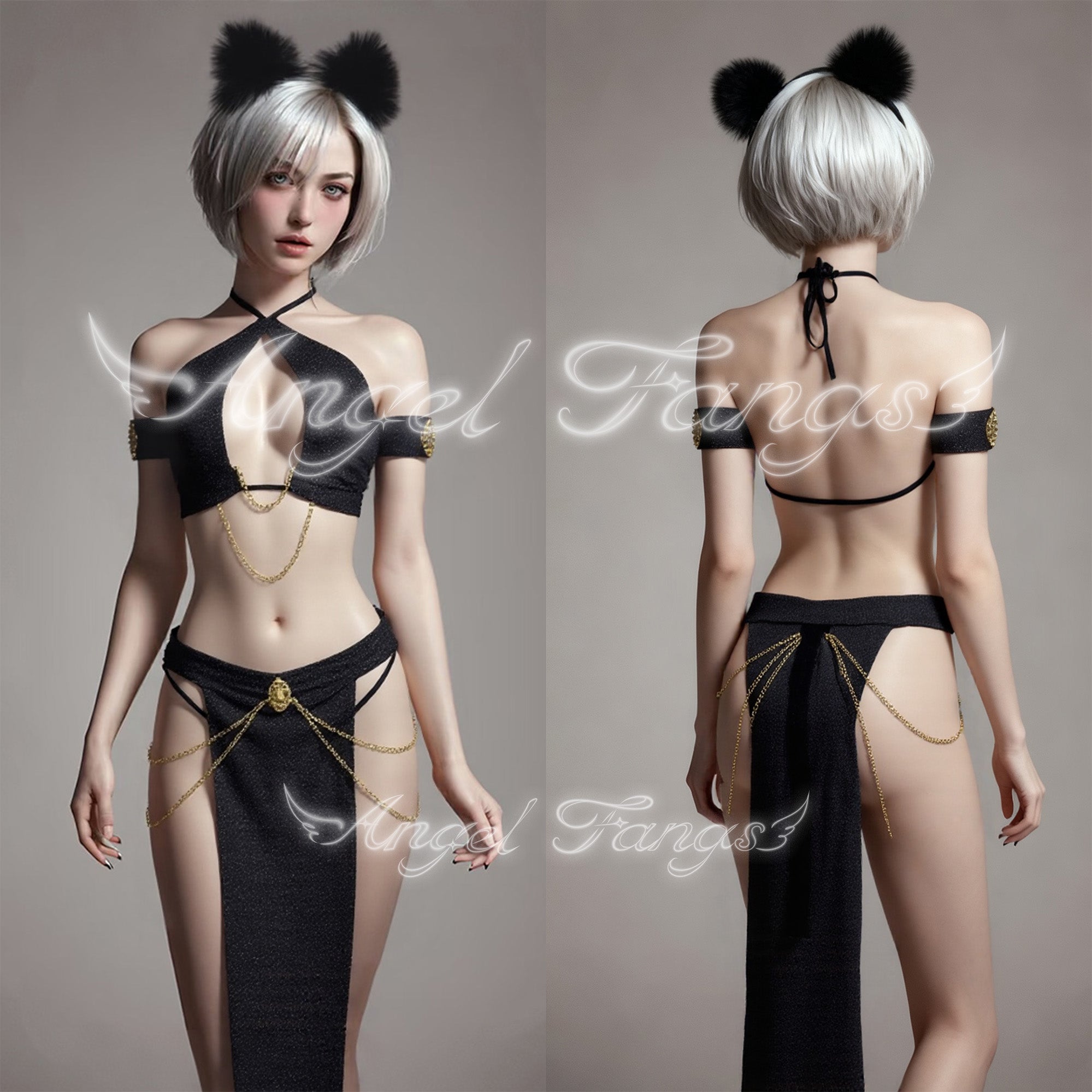Mystic Feline Cat Queen Set– Cutout Halter Slit Dress with Arm Bands, Cat Tail, Black Ears & Golden Accents