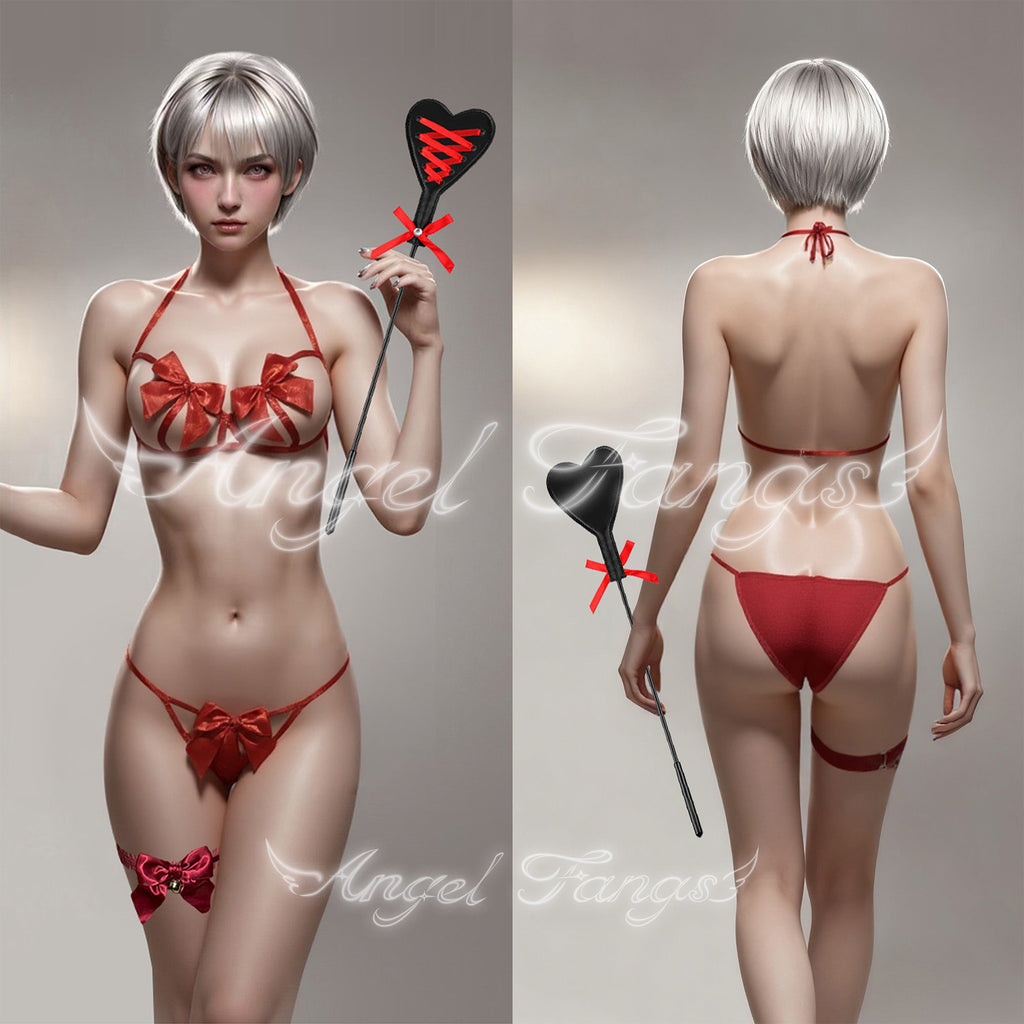Valentine’s Bow Desire Cute Bikini Set – Red Three-Piece with Heart Paddle & Bell Leg Band