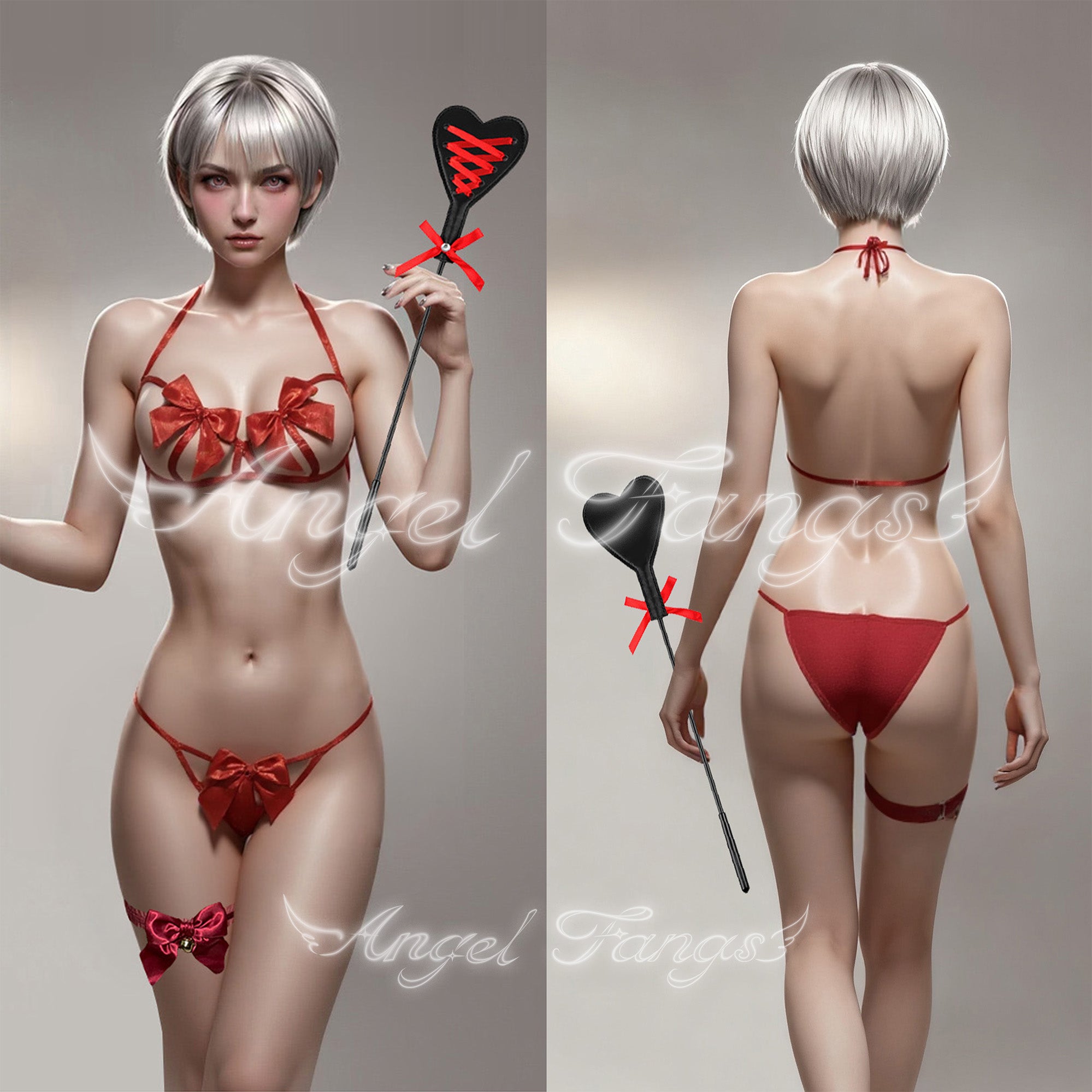 Valentine’s Bow Desire Cute Bikini Set – Red Three-Piece with Heart Paddle & Bell Leg Band