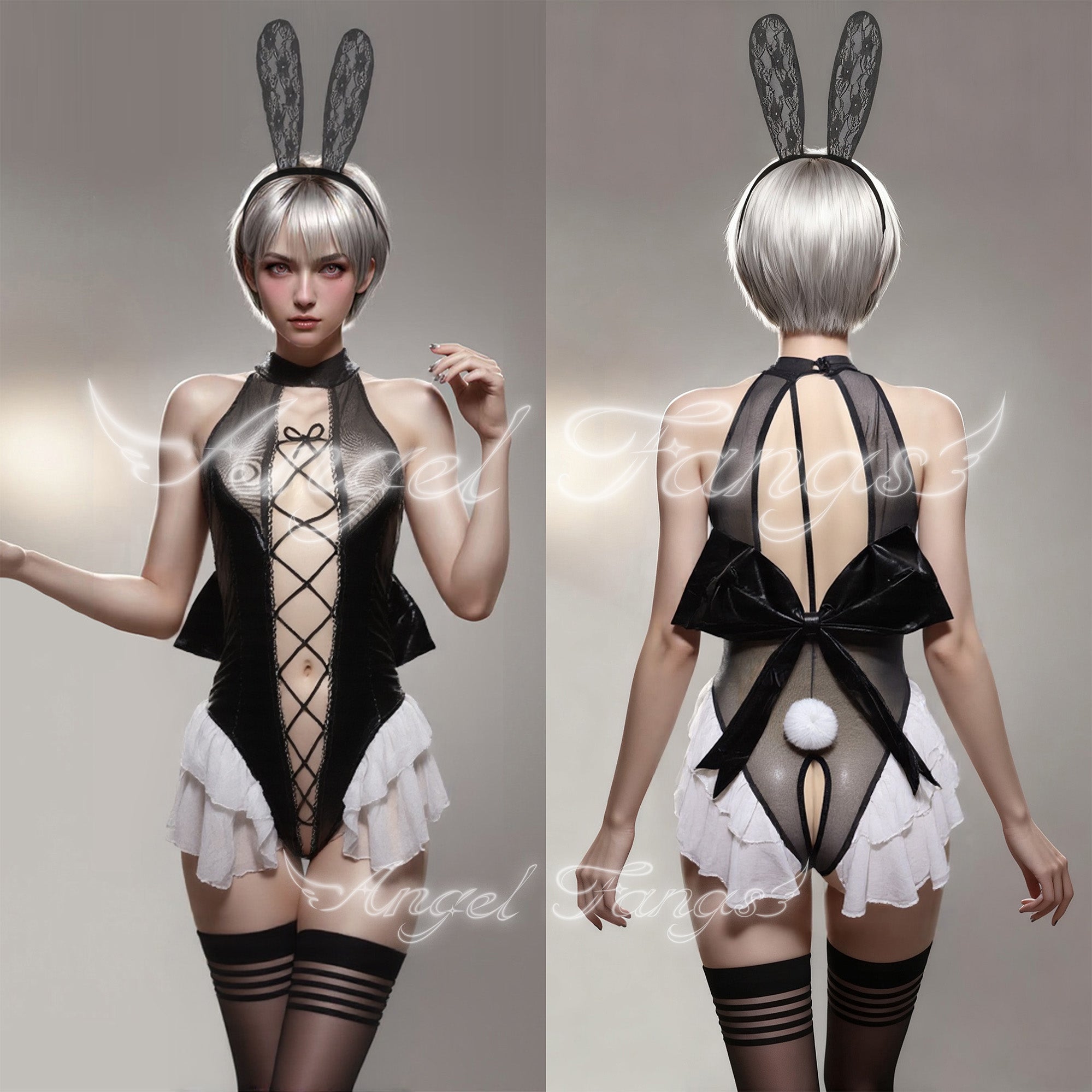 Sexy Leather Bunny Sheer ruffled hem Set – Front Lace-Up & Back Bow with Lace Ears & Thigh-High Stripes