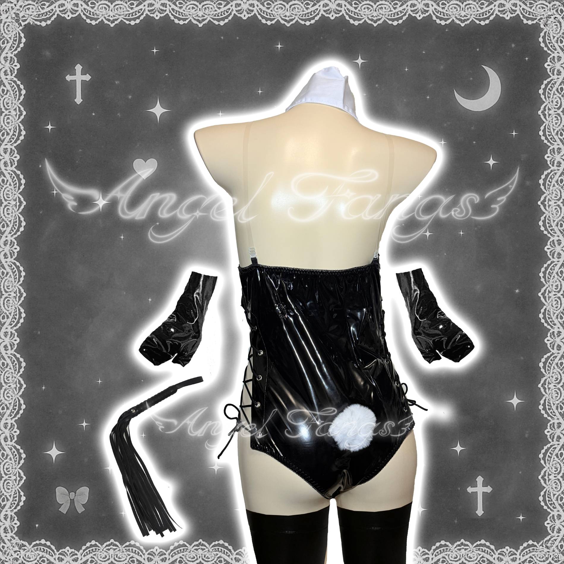 Leather Bunny Seductress – Black High-Cut Lace-Up Bodysuit with Collar, Gloves, Thigh-Highs & Whip