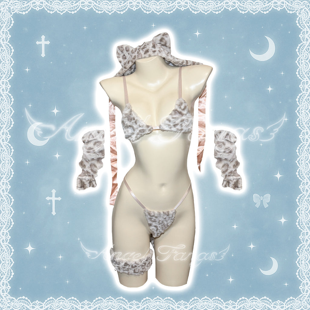 Furry Leopard 3-Piece Cute Lingerie with Cat Ear Hat, Gloves & Leg Bands
