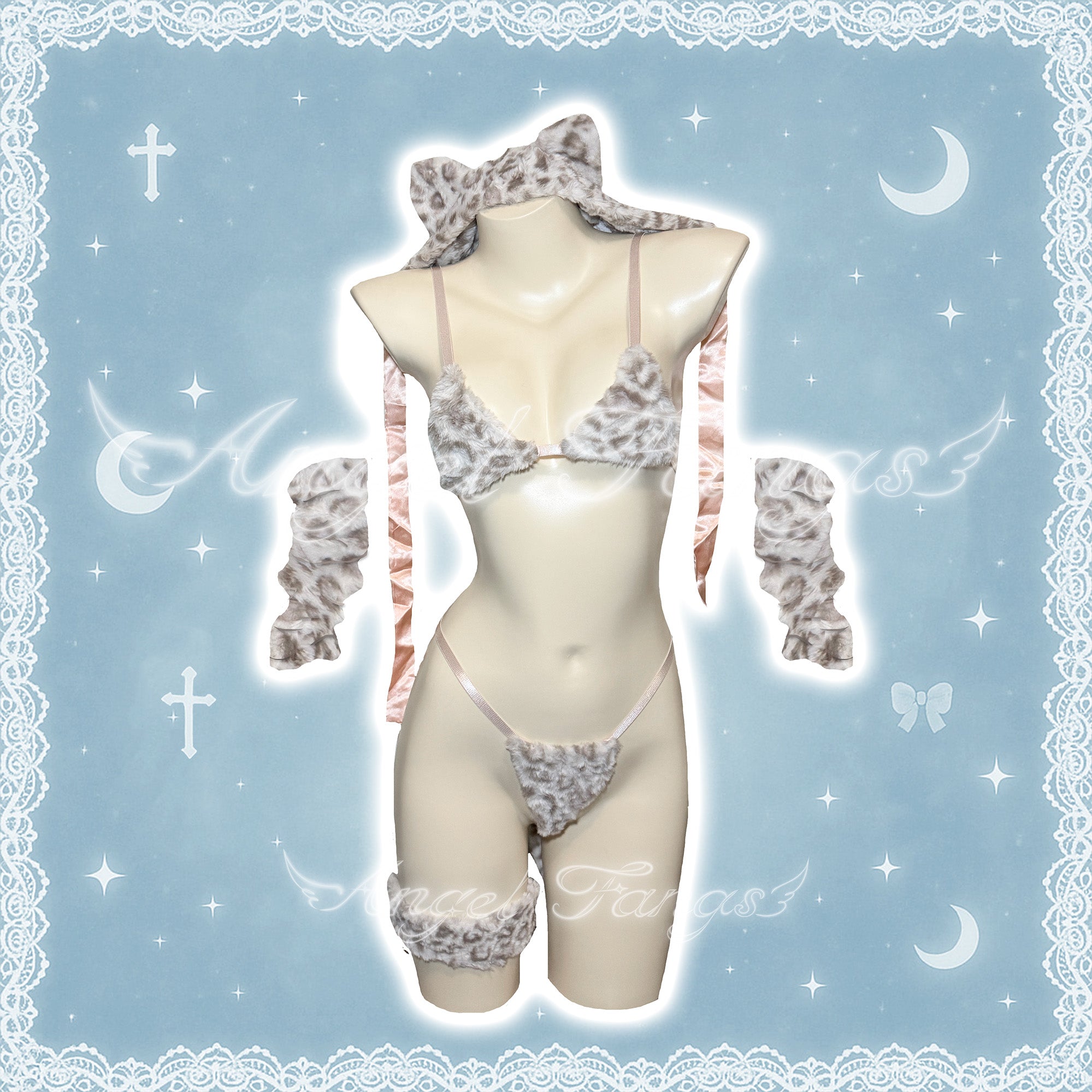 Furry Leopard 3-Piece Cute Lingerie with Cat Ear Hat, Gloves & Leg Bands