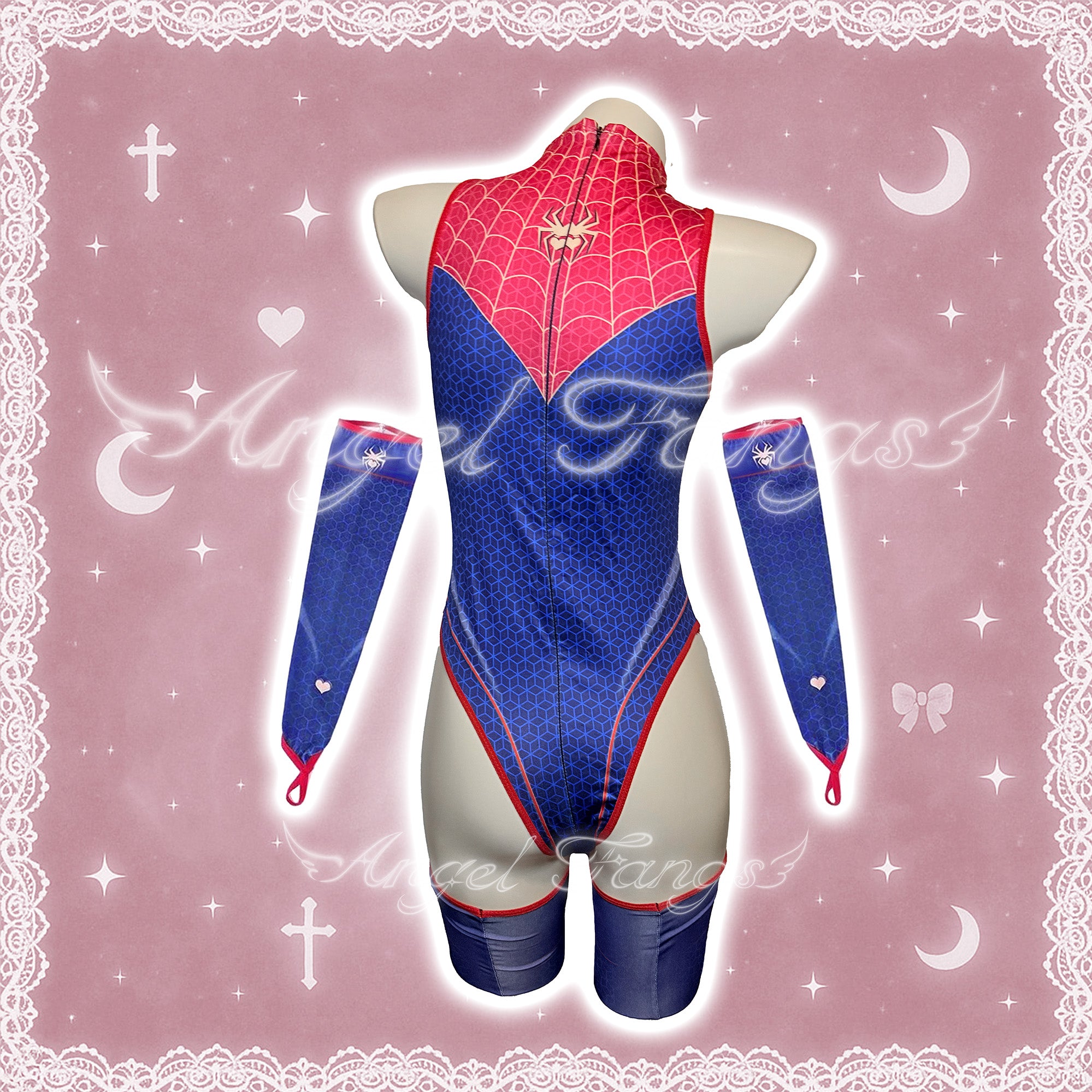 Sexy Spider Seductress Set – Red & Blue High-Neck Cutout Bodysuit with Web Patterns, Gloves & Thigh-Highs